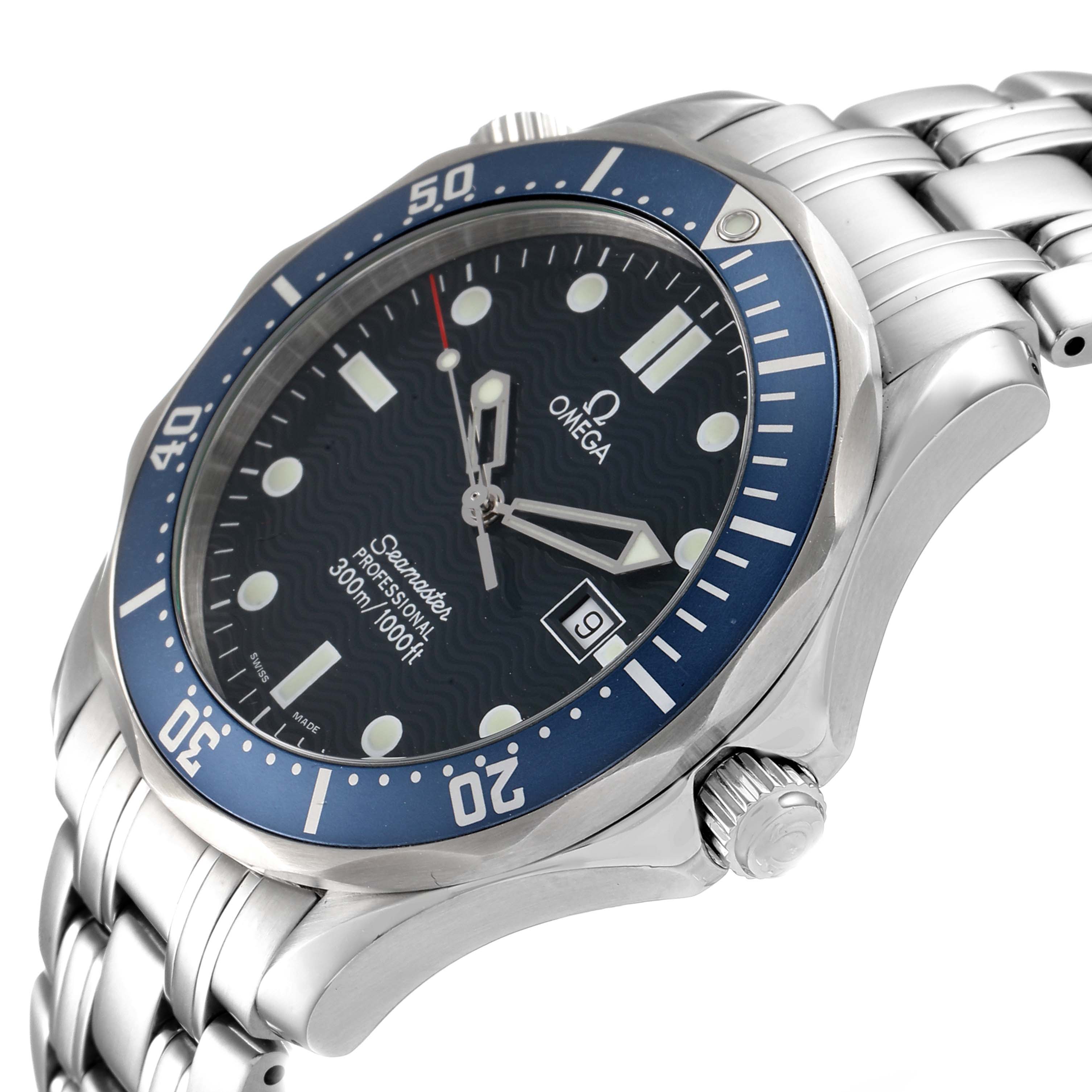 The Omega Seamaster 2541.80.00 Men
s Stainless Steel Blue Dial 2541.80.00 Men
s Stainless Steel Blue Dial watch is shown from a slight side angle, highlighting the face, bezel, crown, and stainless steel bracelet.