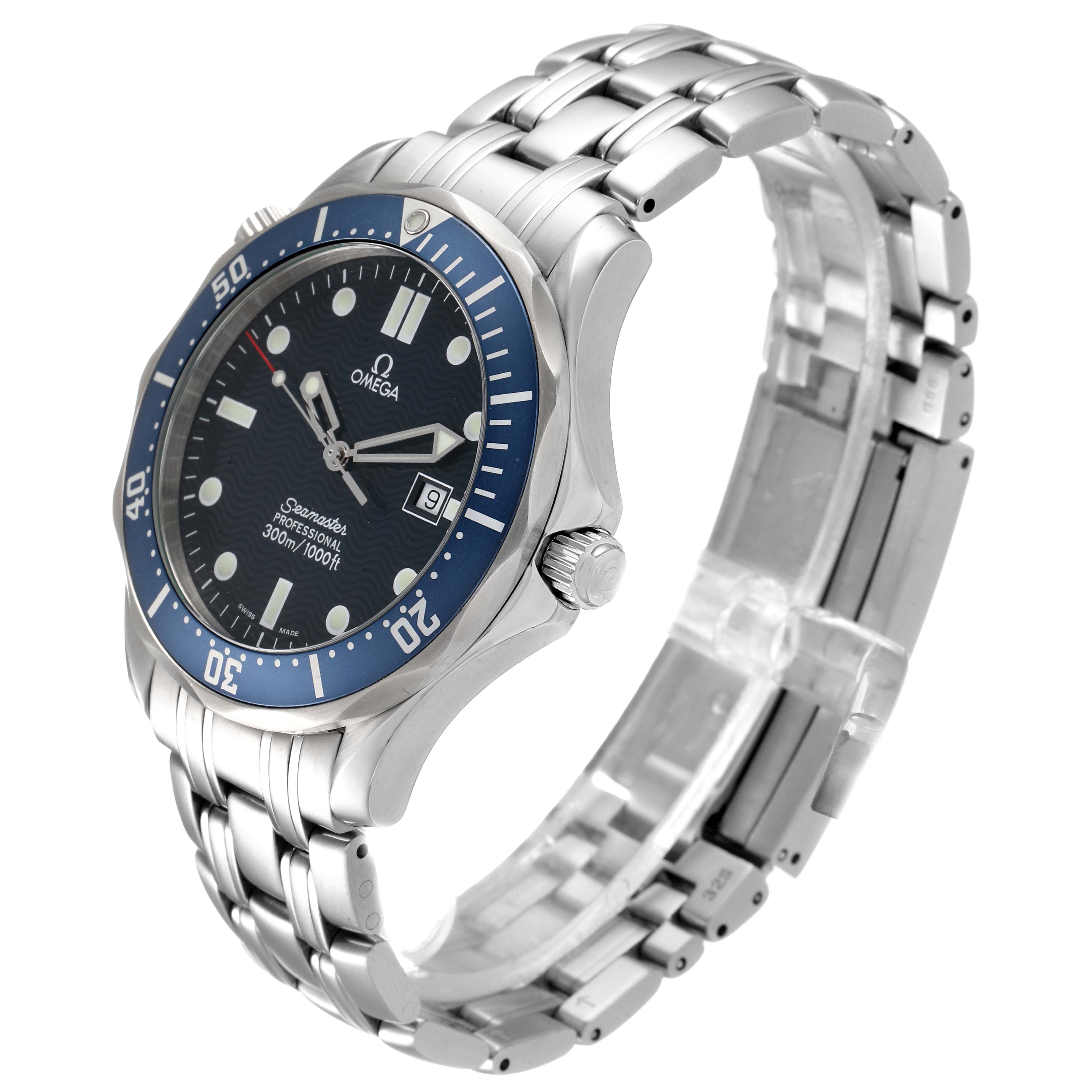 The image shows a side and front angle of an Omega Seamaster 2541.80.00 Men
s Stainless Steel Blue Dial 2541.80.00 Men
s Stainless Steel Blue Dial watch, highlighting its bezel, dial, and metal bracelet.
