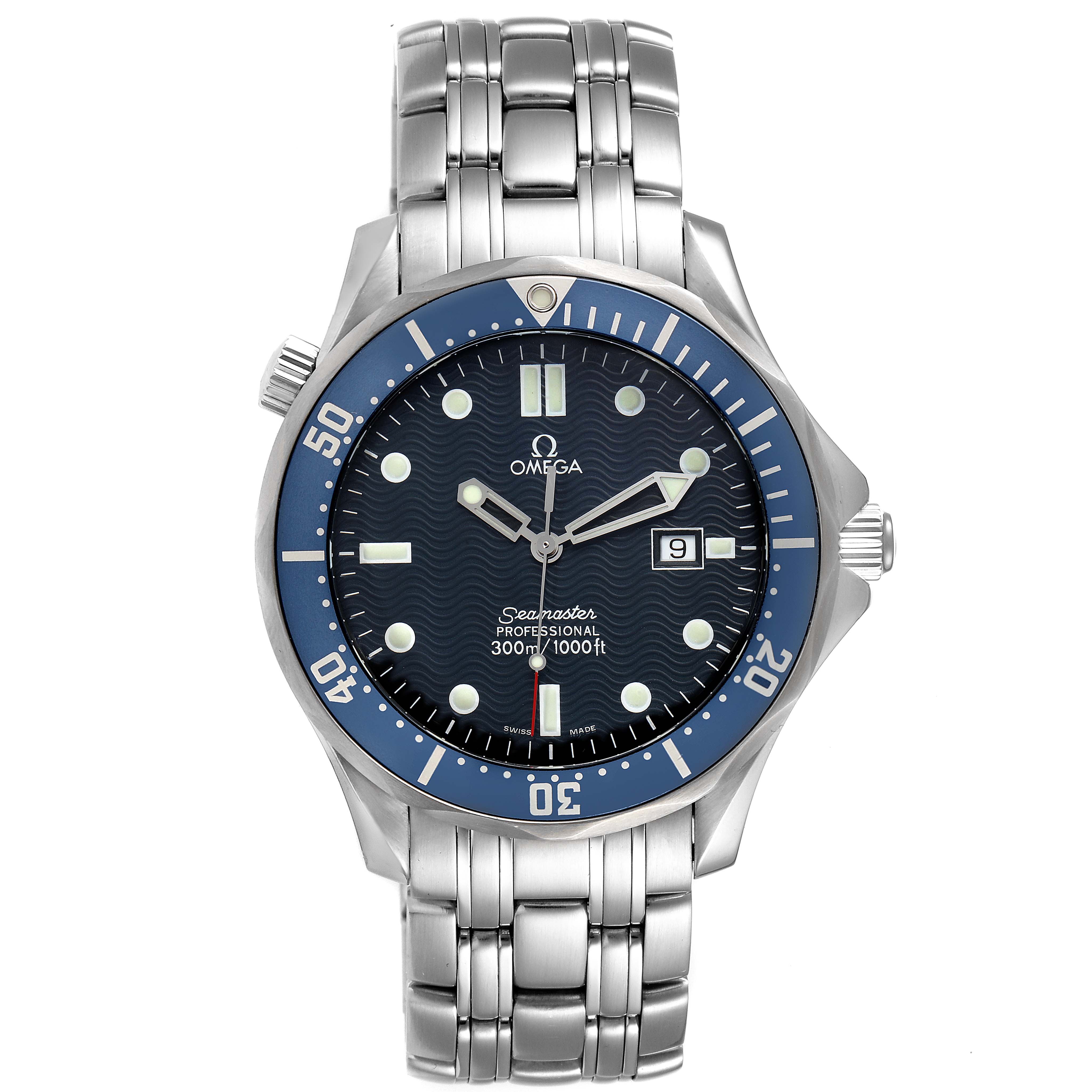 This image shows a front view of the Omega Seamaster 2541.80.00 Men
s Stainless Steel Blue Dial 2541.80.00 Men
s Stainless Steel Blue Dial watch, displaying its face, bezel, dial, hands, and metal bracelet.