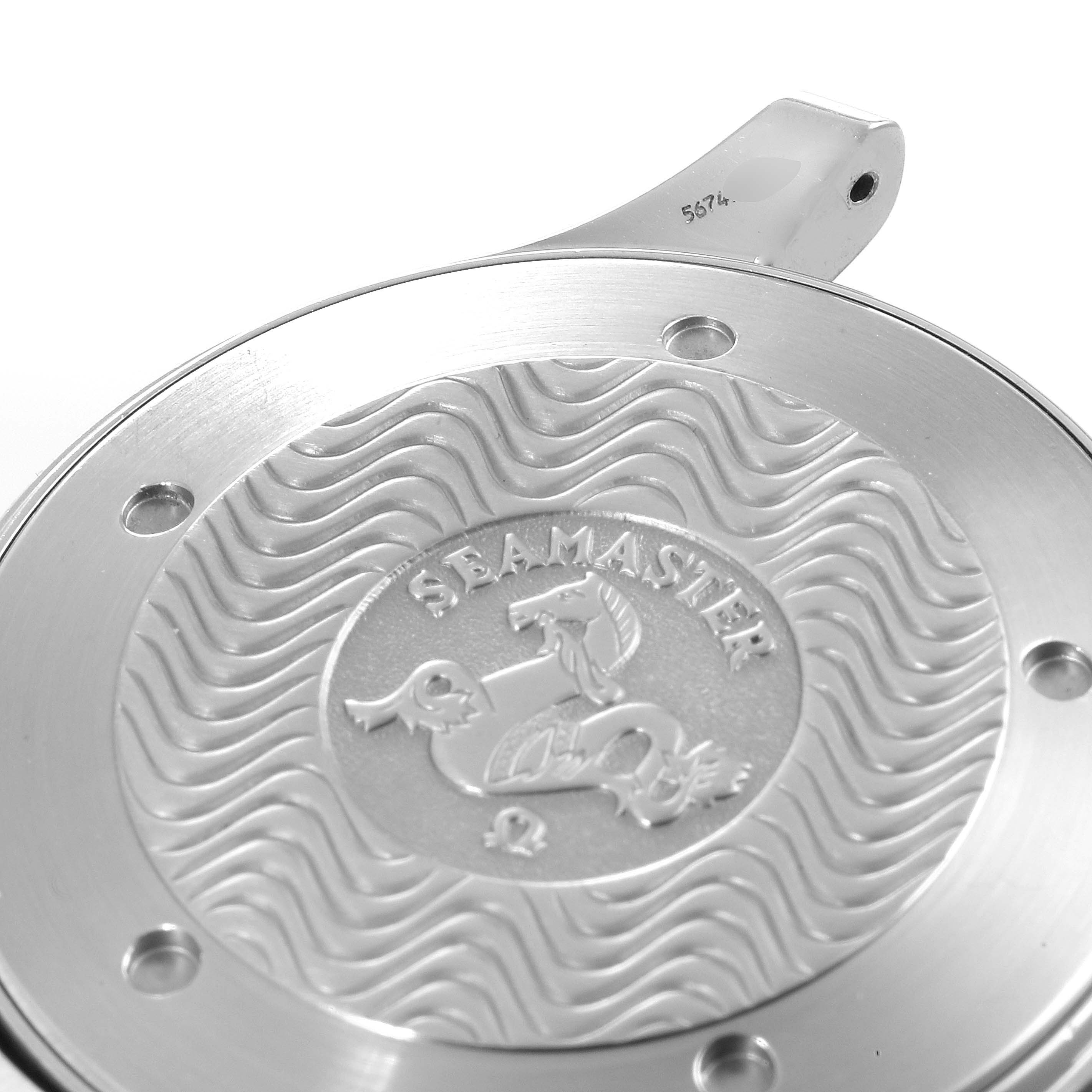 The image shows the back cover of an Omega Seamaster 2541.80.00 Men
s Stainless Steel Blue Dial 2541.80.00 Men
s Stainless Steel Blue Dial watch, displaying the Seamaster logo and wave pattern.