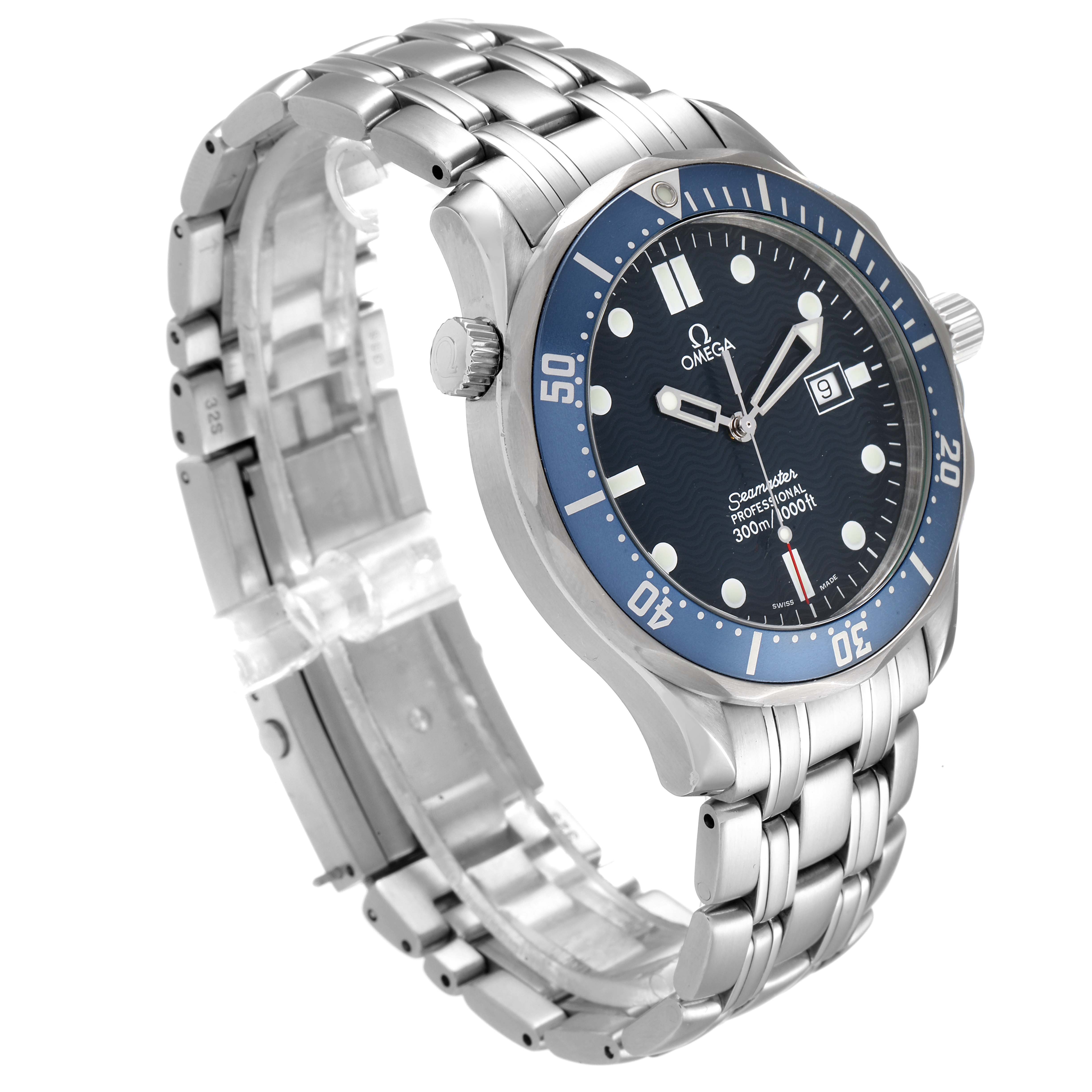 The Omega Seamaster 2541.80.00 Men
s Stainless Steel Blue Dial 2541.80.00 Men
s Stainless Steel Blue Dial watch is shown at a 3/4 angle highlighting the face, bezel, crown, and metallic bracelet.
