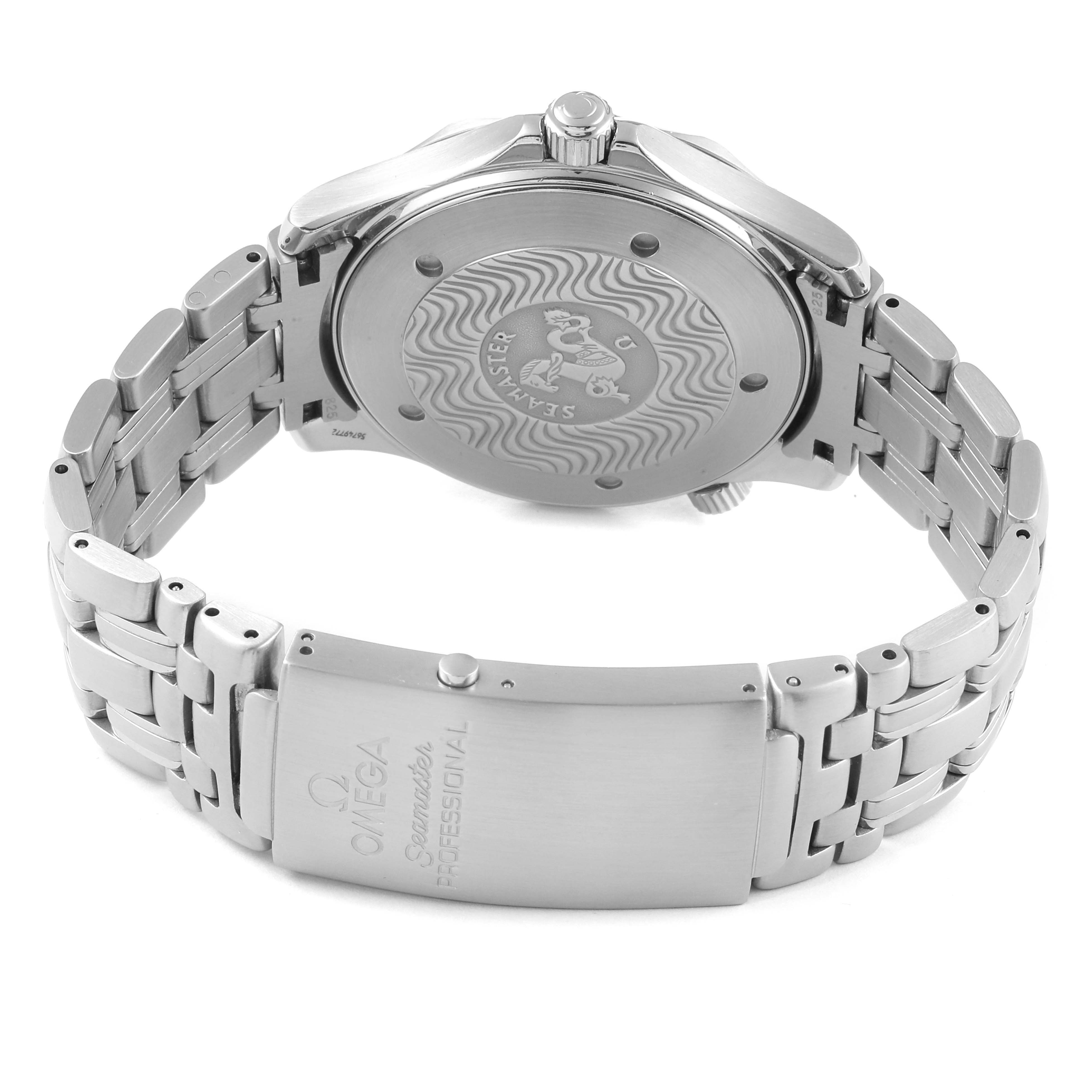 The image shows the rear view of an Omega Seamaster 2541.80.00 Men
s Stainless Steel Blue Dial 2541.80.00 Men
s Stainless Steel Blue Dial watch, highlighting the case back and metal bracelet.