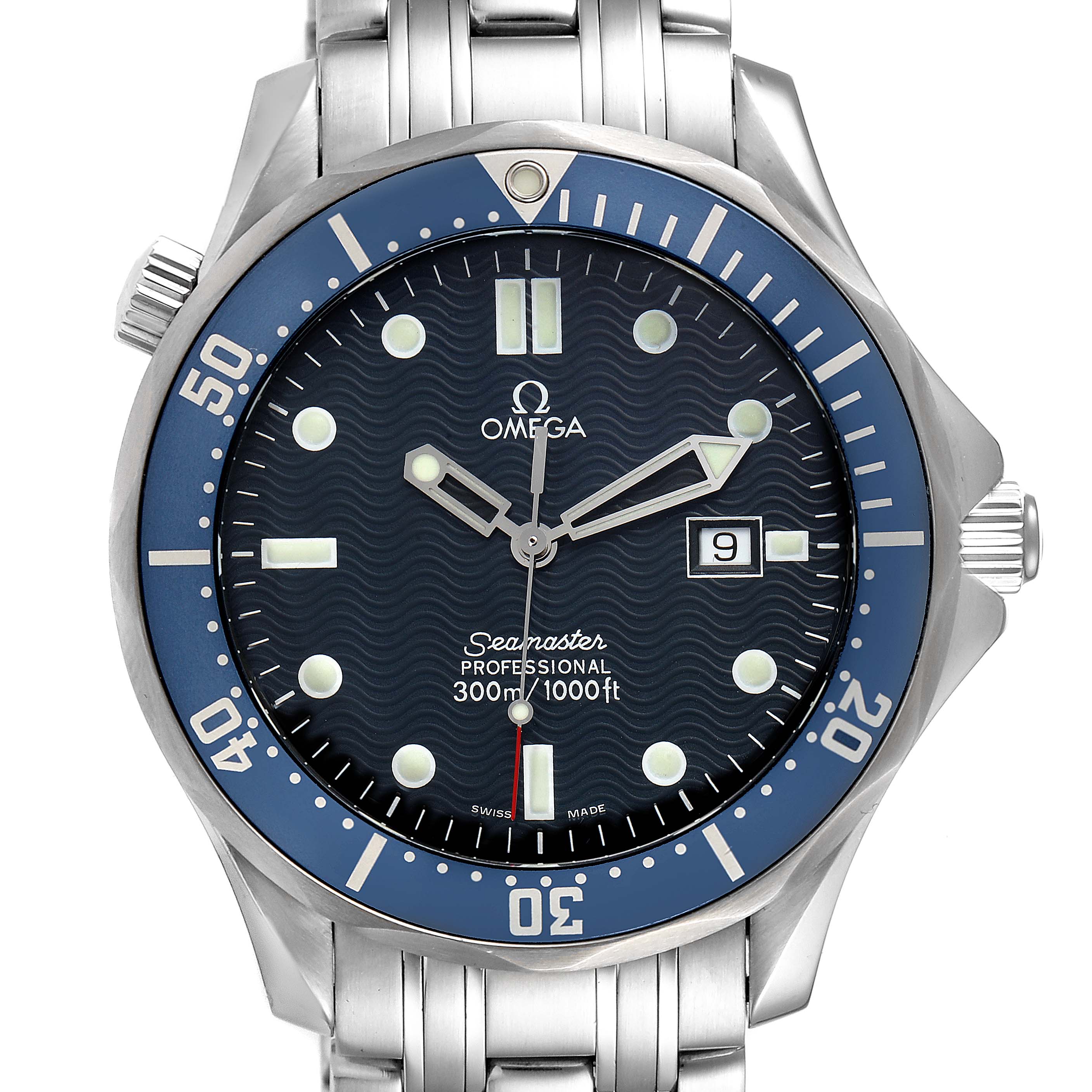 The image shows a frontal view of the Omega Seamaster 2541.80.00 Men
s Stainless Steel Blue Dial 2541.80.00 Men
s Stainless Steel Blue Dial watch with a blue bezel, dial, and stainless steel bracelet.