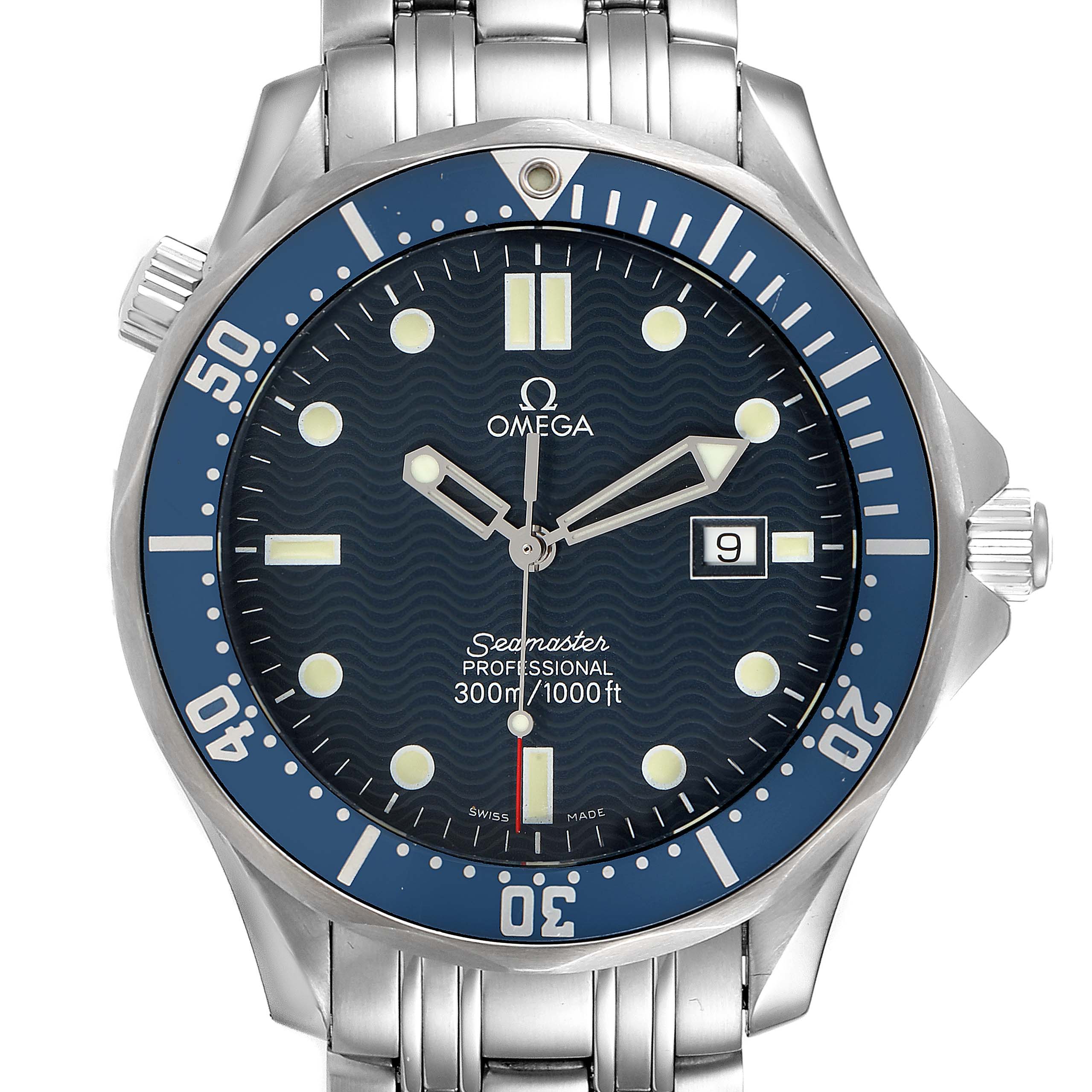 The image shows a front view of the Omega Seamaster 2541.80.00 Men
s Stainless Steel Blue Dial 2541.80.00 Men
s Stainless Steel Blue Dial watch, highlighting the dial, bezel, crown, and part of the bracelet.