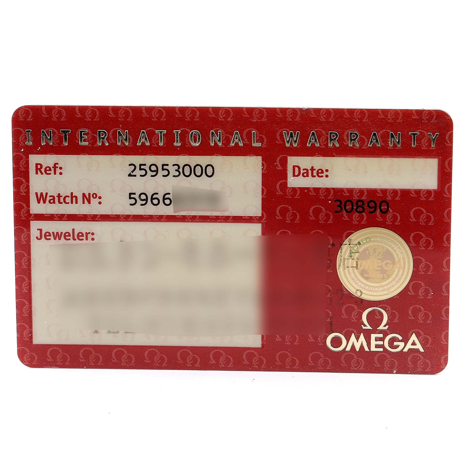 The image shows an Omega Seamaster 2595.30.00 Men
s Stainless Steel Silver Dial 2595.30.00 Men
s Stainless Steel Silver Dial International Warranty card, detailing reference and watch numbers.