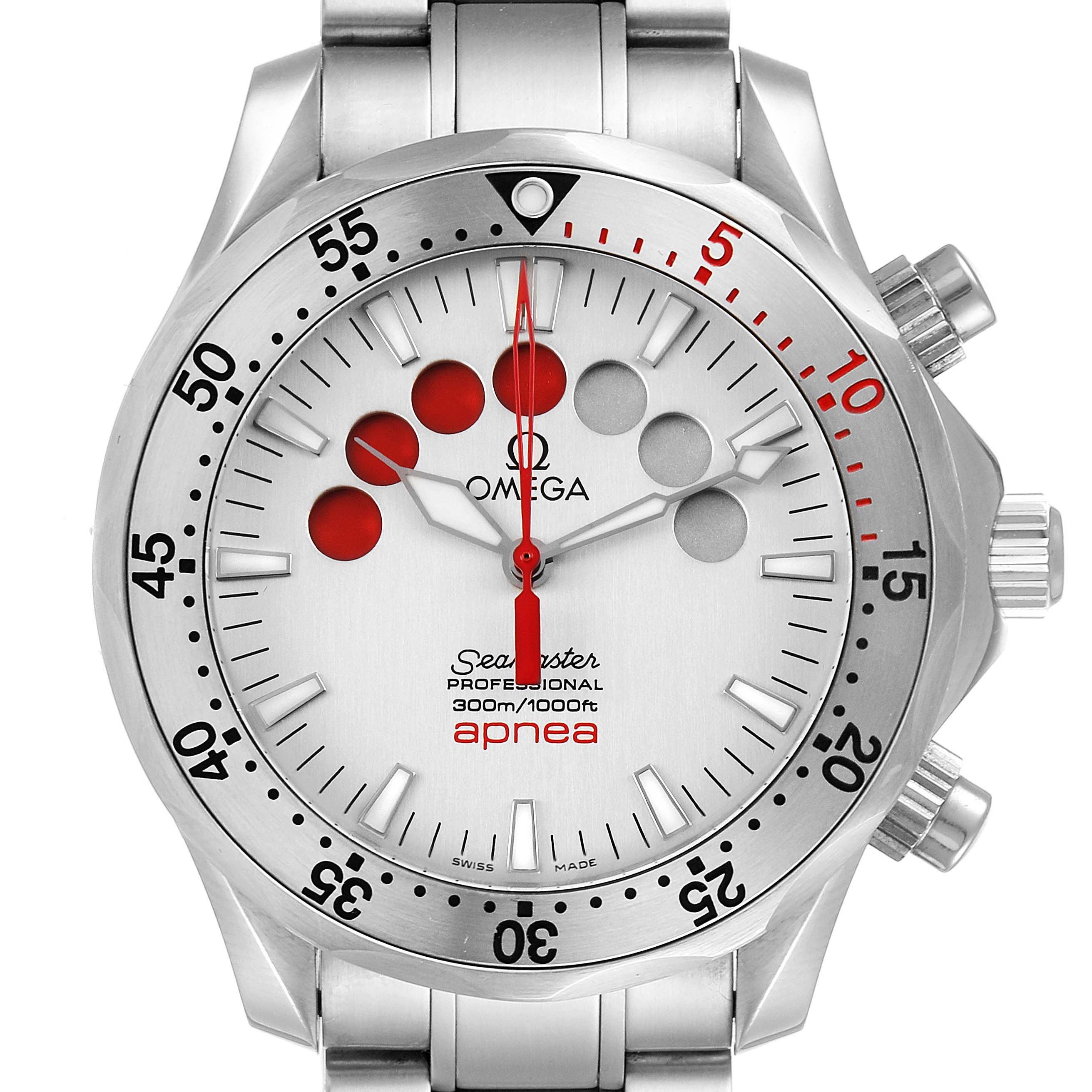 The Omega Seamaster 2595.30.00 Men
s Stainless Steel Silver Dial 2595.30.00 Men
s Stainless Steel Silver Dial watch is shown in a front angle, highlighting the face, bezel, and buttons on the side.