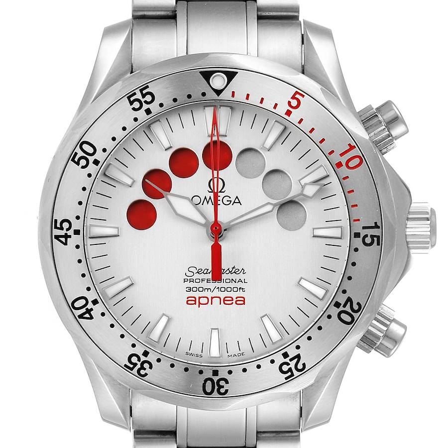 Omega Seamaster Apnea Jacques Mayol Silver Dial Mens Watch 2595.30.00 Card SwissWatchExpo