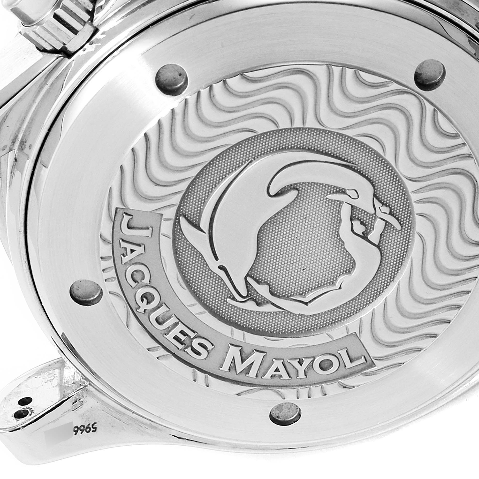 This image shows the back casing of an Omega Seamaster 2595.30.00 Men
s Stainless Steel Silver Dial 2595.30.00 Men
s Stainless Steel Silver Dial watch, featuring the "Jacques Mayol" engraving.