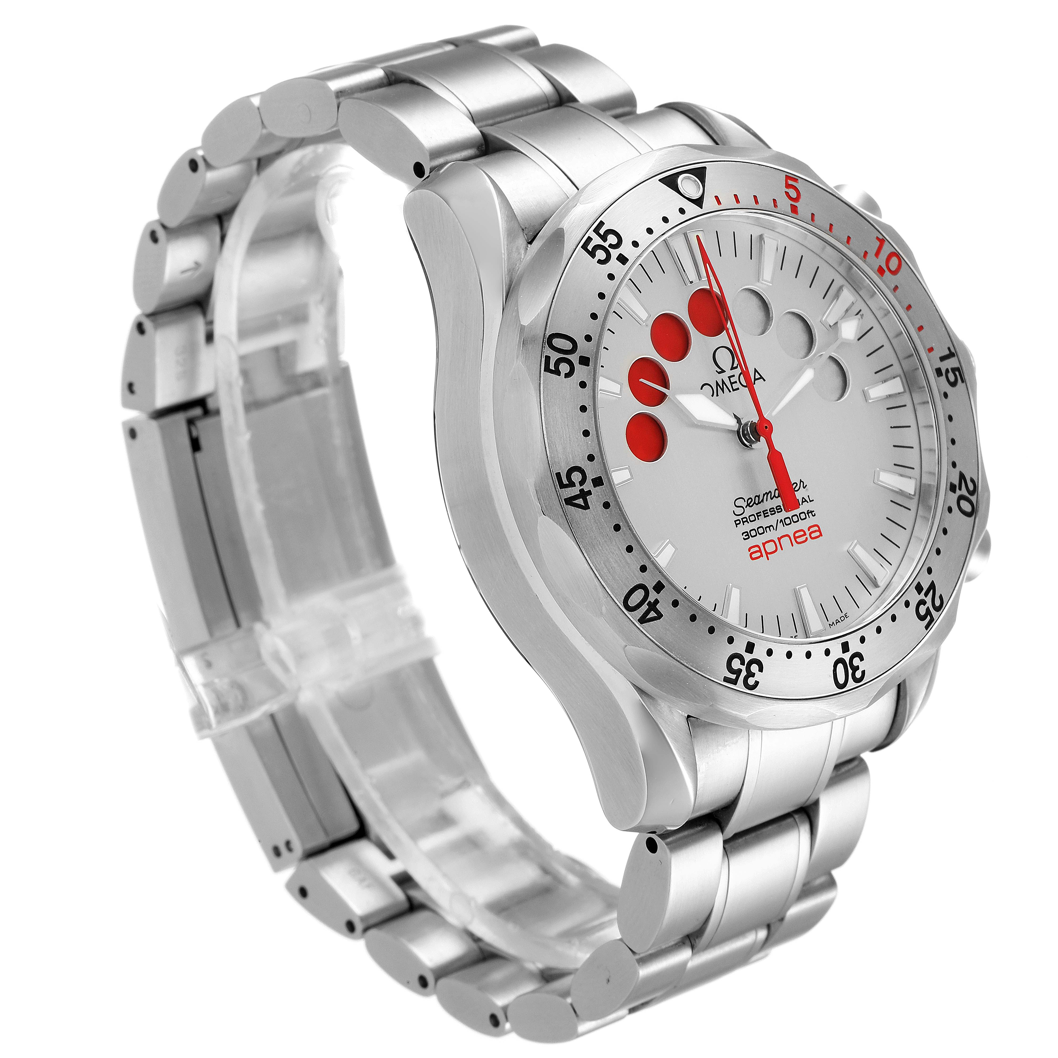 The image shows an Omega Seamaster 2595.30.00 Men
s Stainless Steel Silver Dial 2595.30.00 Men
s Stainless Steel Silver Dial watch angled from the left side, displaying the face, bezel, and part of the bracelet.