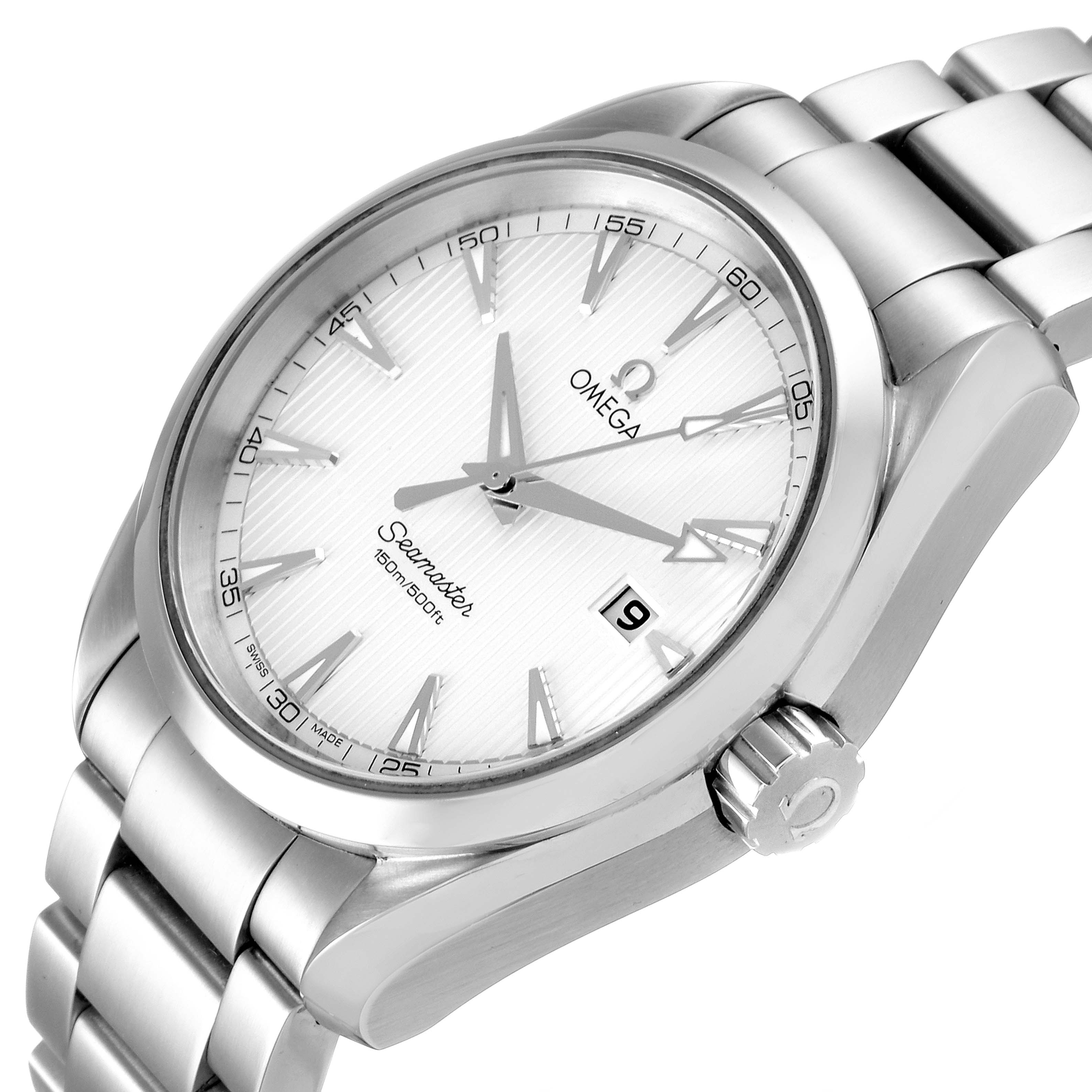 The Omega Aqua Terra 231.10.39.61.02.001 Men
s Stainless Steel Silver Dial 231.10.39.61.02.001 Men
s Stainless Steel Silver Dial watch is displayed at an angle highlighting its face, hands, crown, and bracelet.