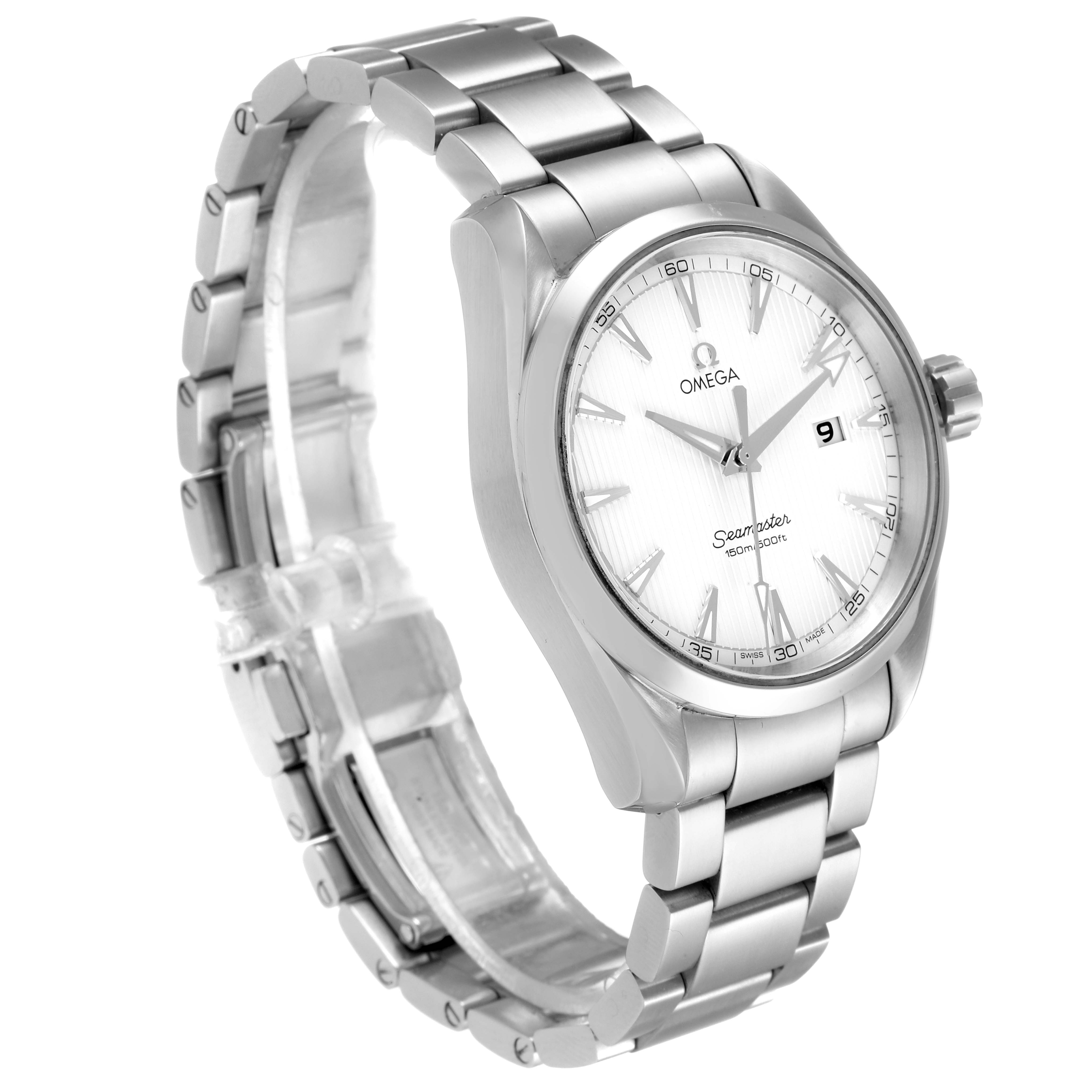 The image shows an angled view of an Omega Aqua Terra 231.10.39.61.02.001 Men
s Stainless Steel Silver Dial 231.10.39.61.02.001 Men
s Stainless Steel Silver Dial watch, displaying the dial, case, bracelet, and crown.