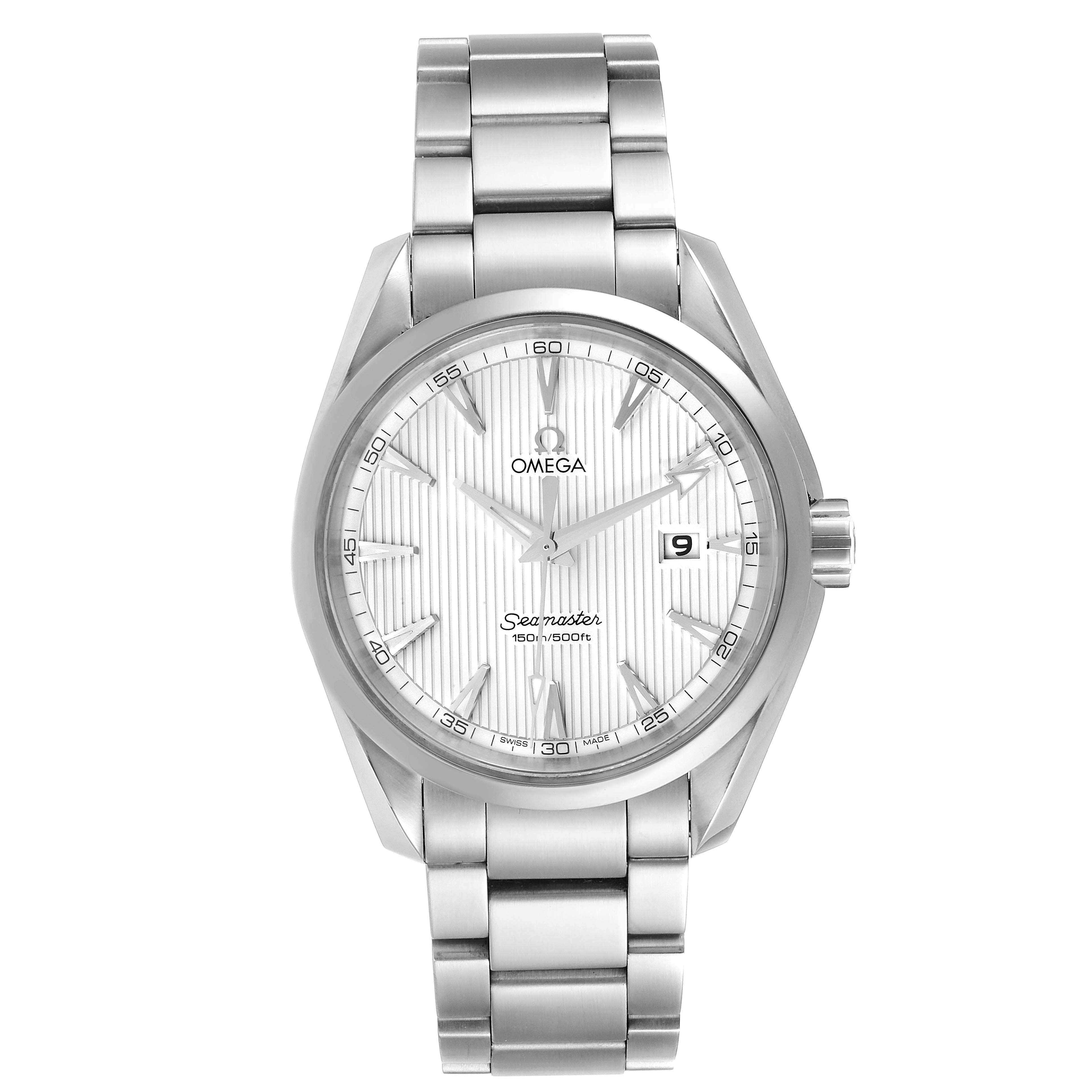 The image shows a front view of the Omega Aqua Terra 231.10.39.61.02.001 Men
s Stainless Steel Silver Dial 231.10.39.61.02.001 Men
s Stainless Steel Silver Dial model watch, highlighting the dial, bezel, and bracelet.