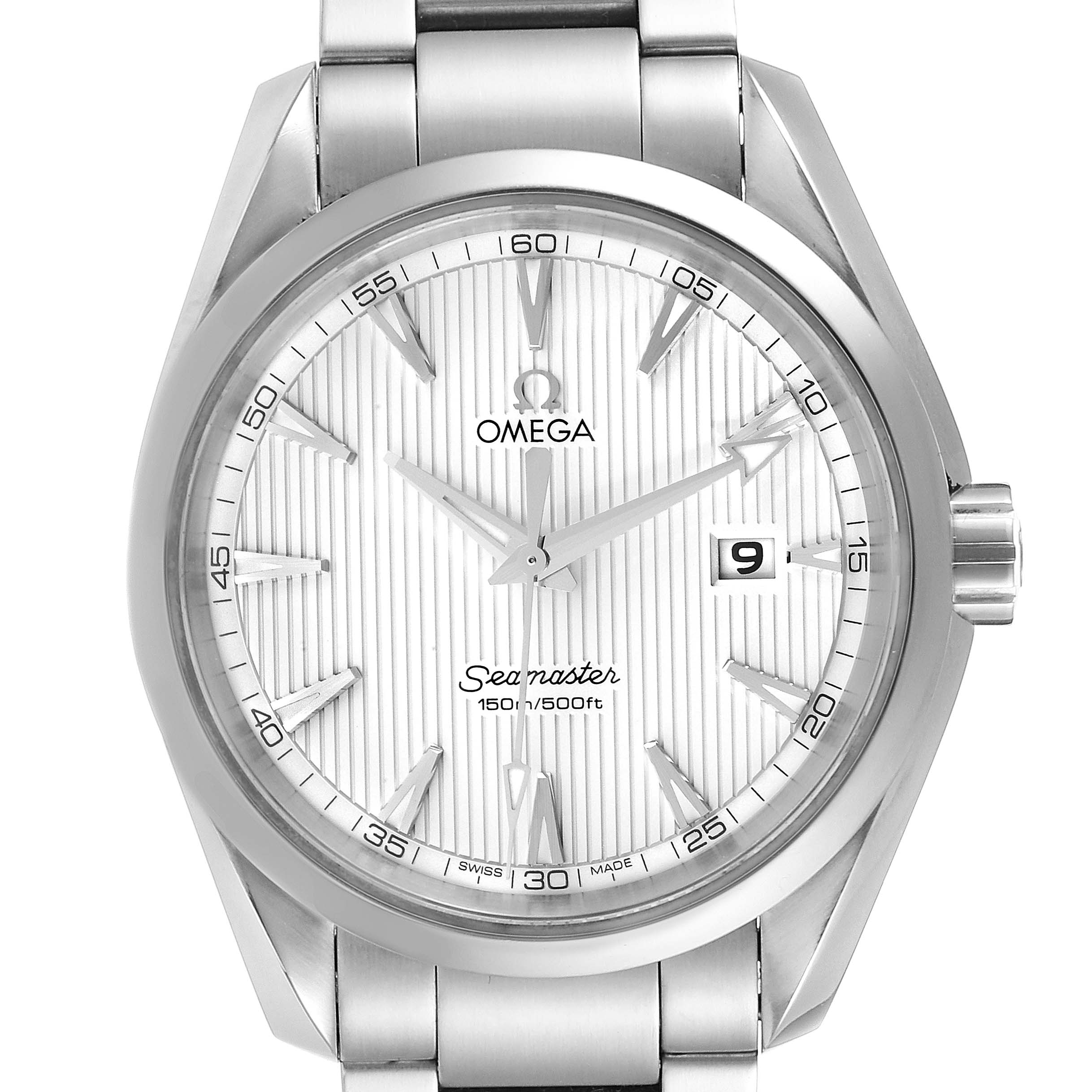 The image shows the Omega Aqua Terra 231.10.39.61.02.001 Men
s Stainless Steel Silver Dial 231.10.39.61.02.001 Men
s Stainless Steel Silver Dial watch face directly, displaying the dial, hands, date window, and part of the bracelet.