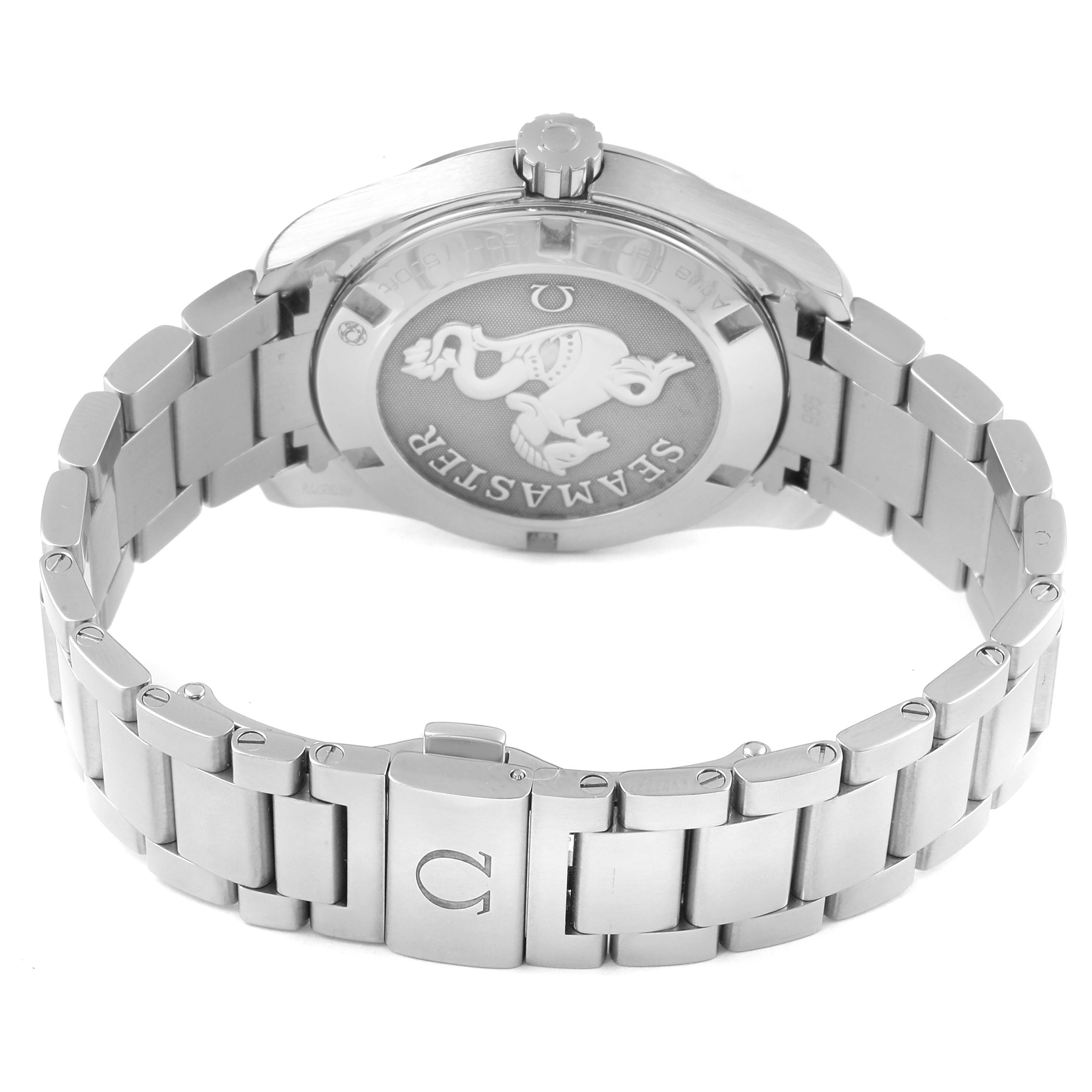 The image shows the back case and bracelet of the Omega Aqua Terra 231.10.39.61.02.001 Men
s Stainless Steel Silver Dial 231.10.39.61.02.001 Men
s Stainless Steel Silver Dial watch, highlighting the Seamaster emblem.