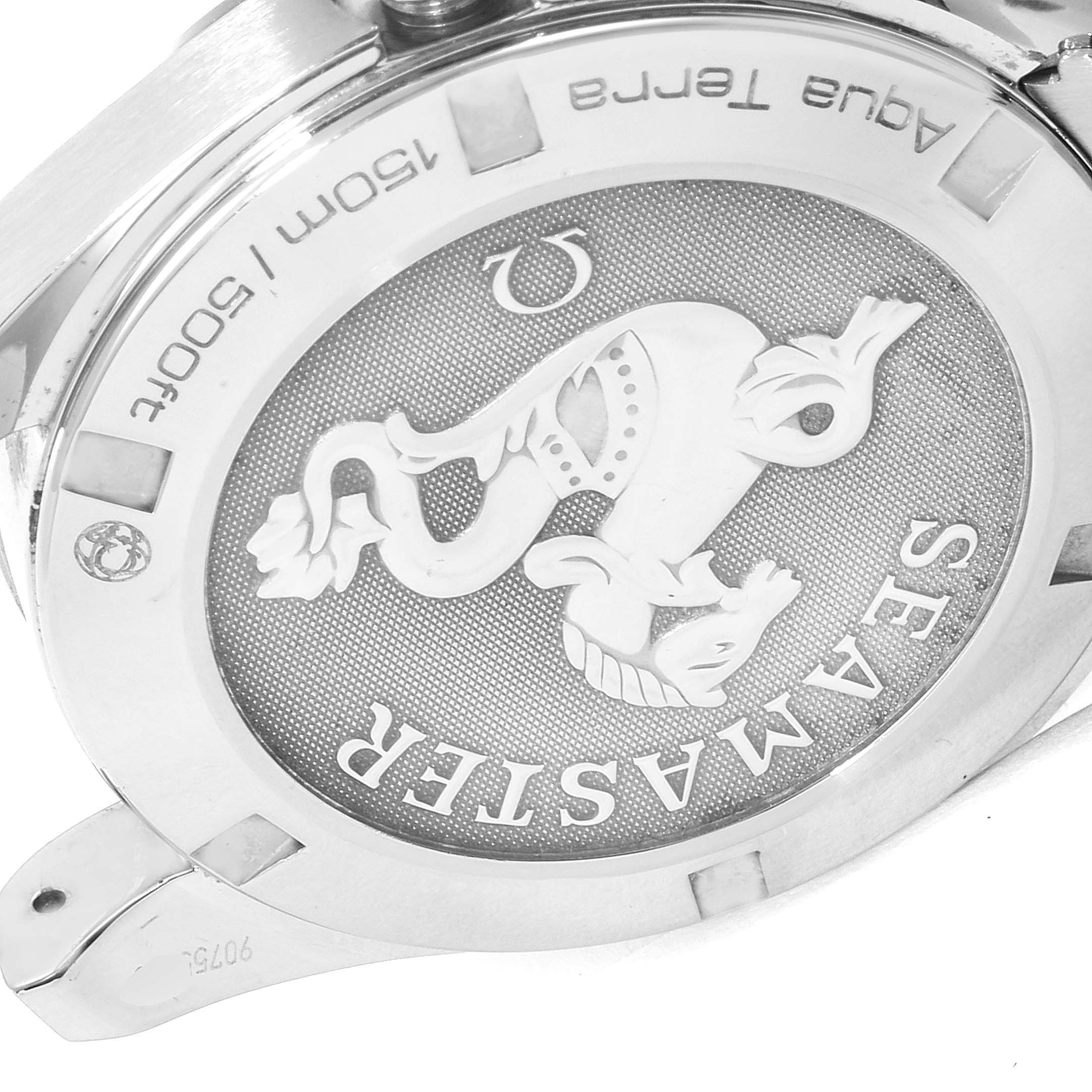 The image shows the back case of an Omega Aqua Terra 231.10.39.61.02.001 Men
s Stainless Steel Silver Dial 231.10.39.61.02.001 Men
s Stainless Steel Silver Dial Seamaster watch, displaying the logo and inscriptions.
