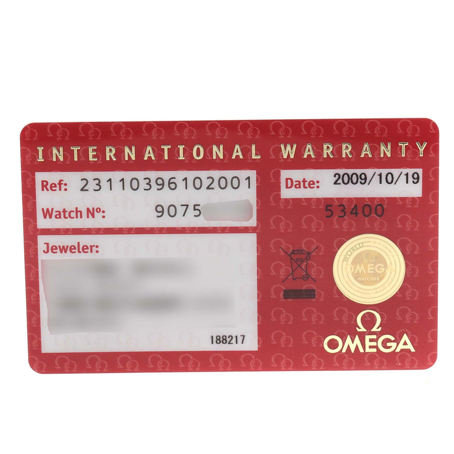 The image shows an Omega International Warranty card for the Aqua Terra model, including reference number and purchase date.