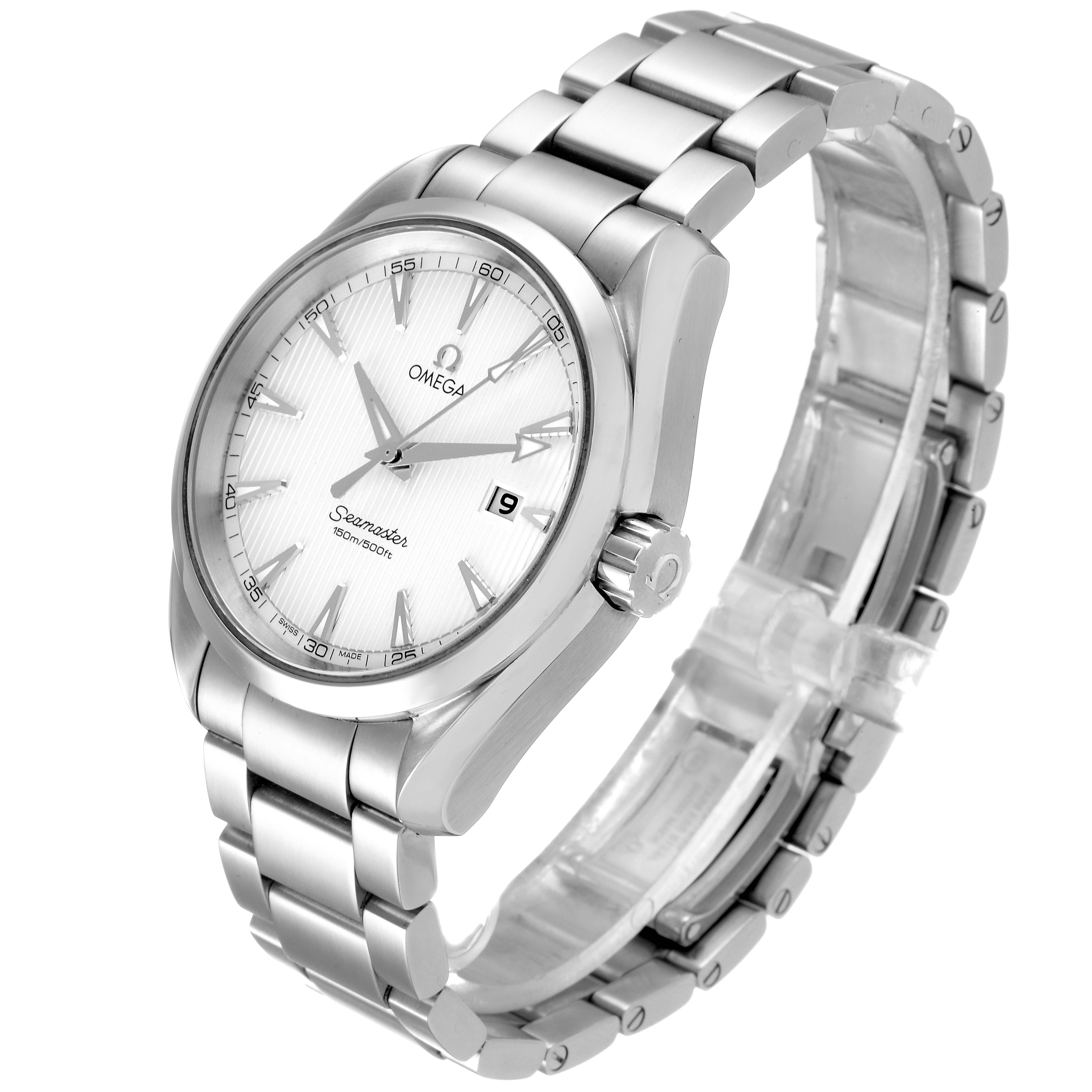 The Omega Aqua Terra 231.10.39.61.02.001 Men
s Stainless Steel Silver Dial 231.10.39.61.02.001 Men
s Stainless Steel Silver Dial watch is shown at a slight angle highlighting its face, bracelet, and crown.