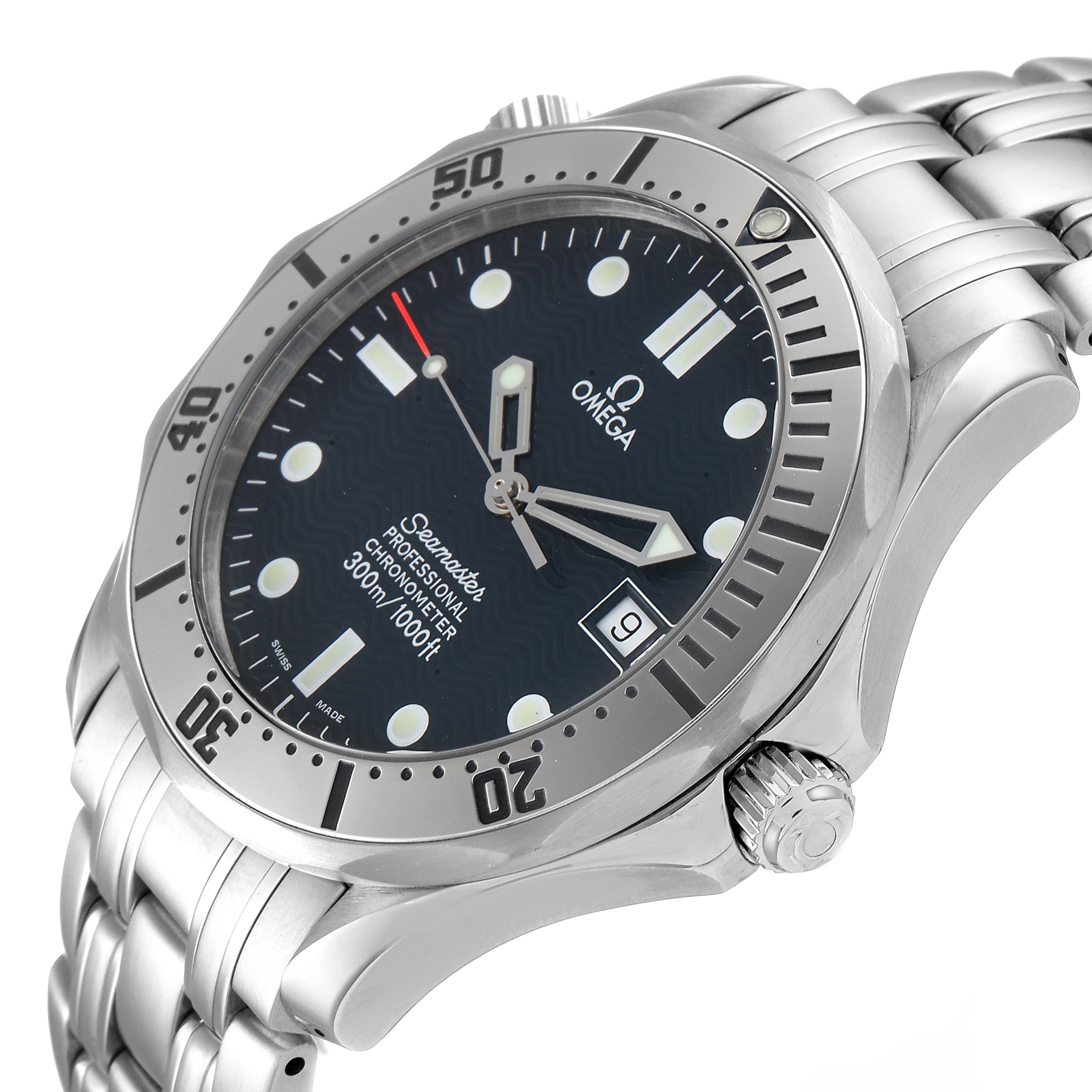 The Omega Seamaster 2532.80.00 Men
s Stainless Steel Blue Dial 2532.80.00 Men
s Stainless Steel Blue Dial watch is shown from a slight side angle, highlighting the face, bezel, crown, and part of the bracelet.