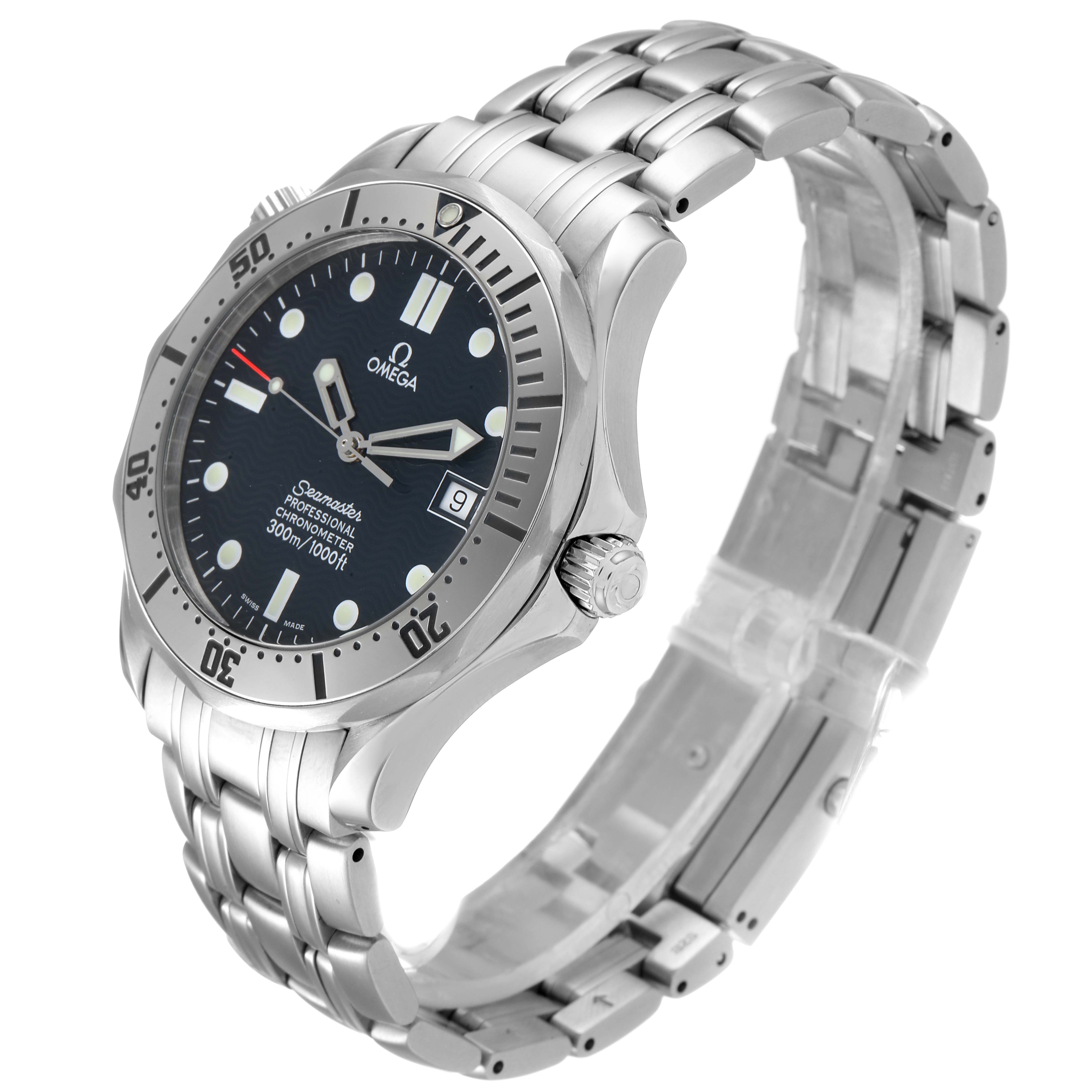 The image shows a side and angled view of the Omega Seamaster 2532.80.00 Men
s Stainless Steel Blue Dial 2532.80.00 Men
s Stainless Steel Blue Dial watch, revealing the dial, bezel, crown, and stainless steel bracelet strap.