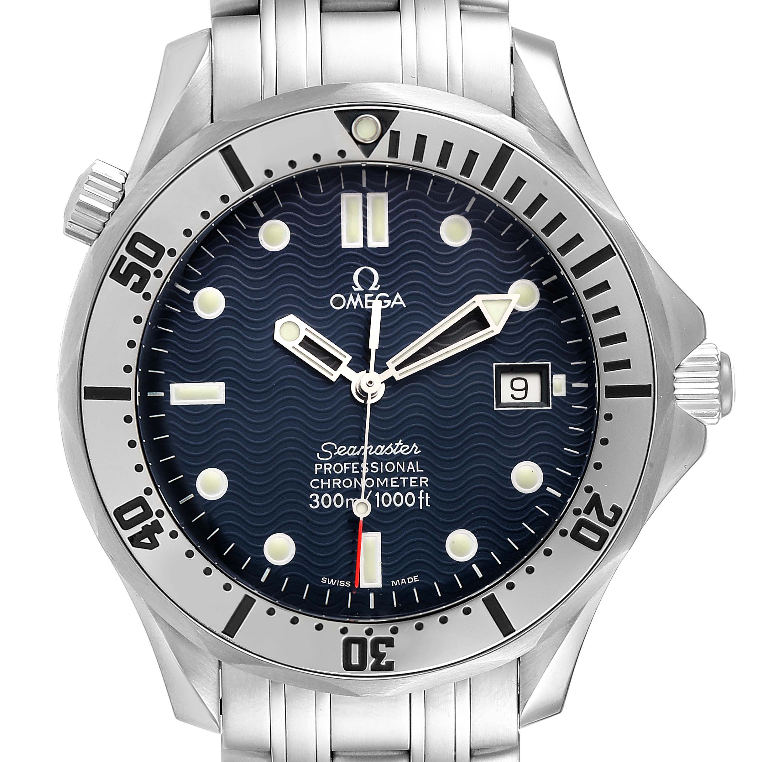 The image shows a front view of the Omega Seamaster 2532.80.00 Men
s Stainless Steel Blue Dial 2532.80.00 Men
s Stainless Steel Blue Dial watch displaying the dial, bezel, hands, and part of the bracelet.