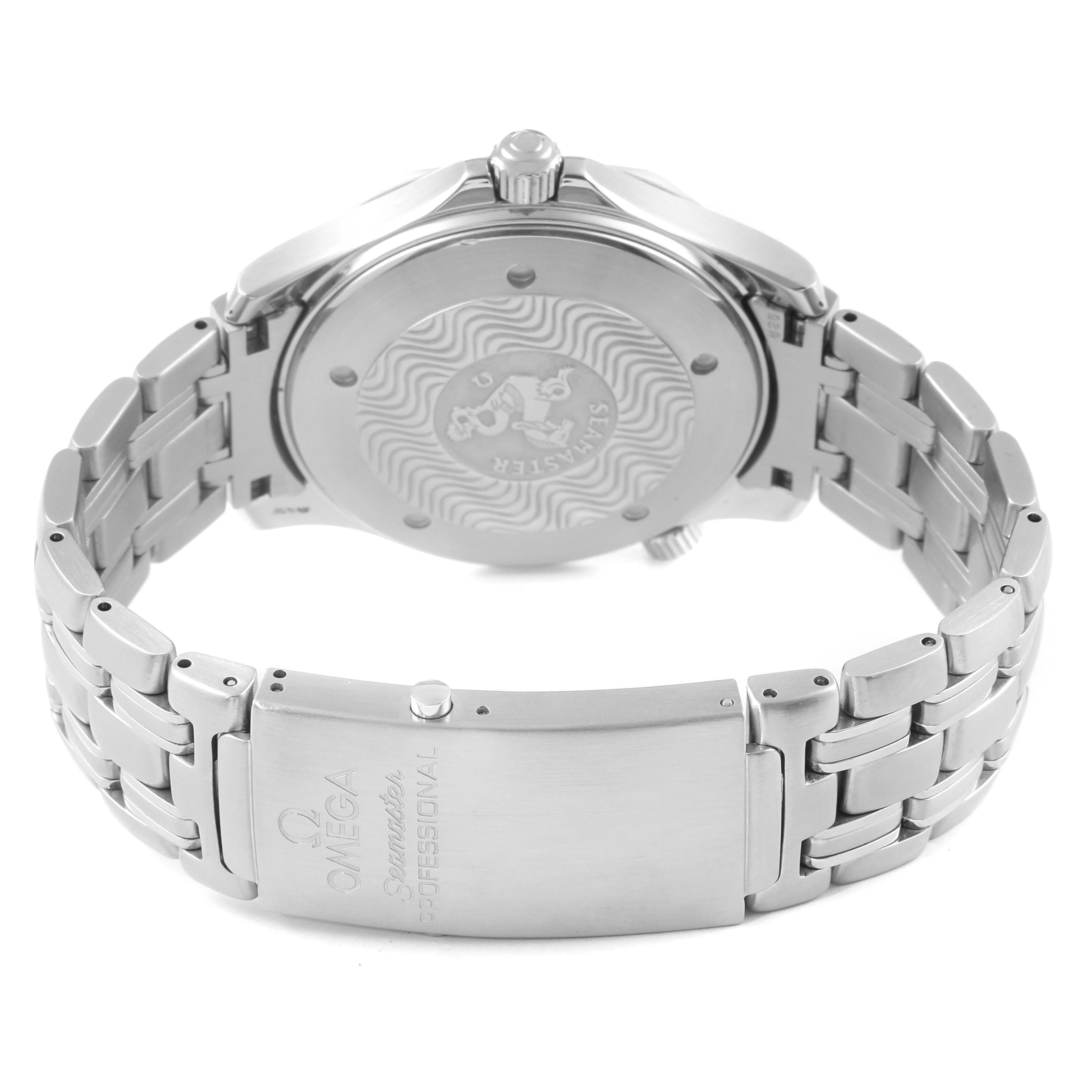 The image shows the back case and bracelet clasp of an Omega Seamaster 2532.80.00 Men
s Stainless Steel Blue Dial 2532.80.00 Men
s Stainless Steel Blue Dial watch.