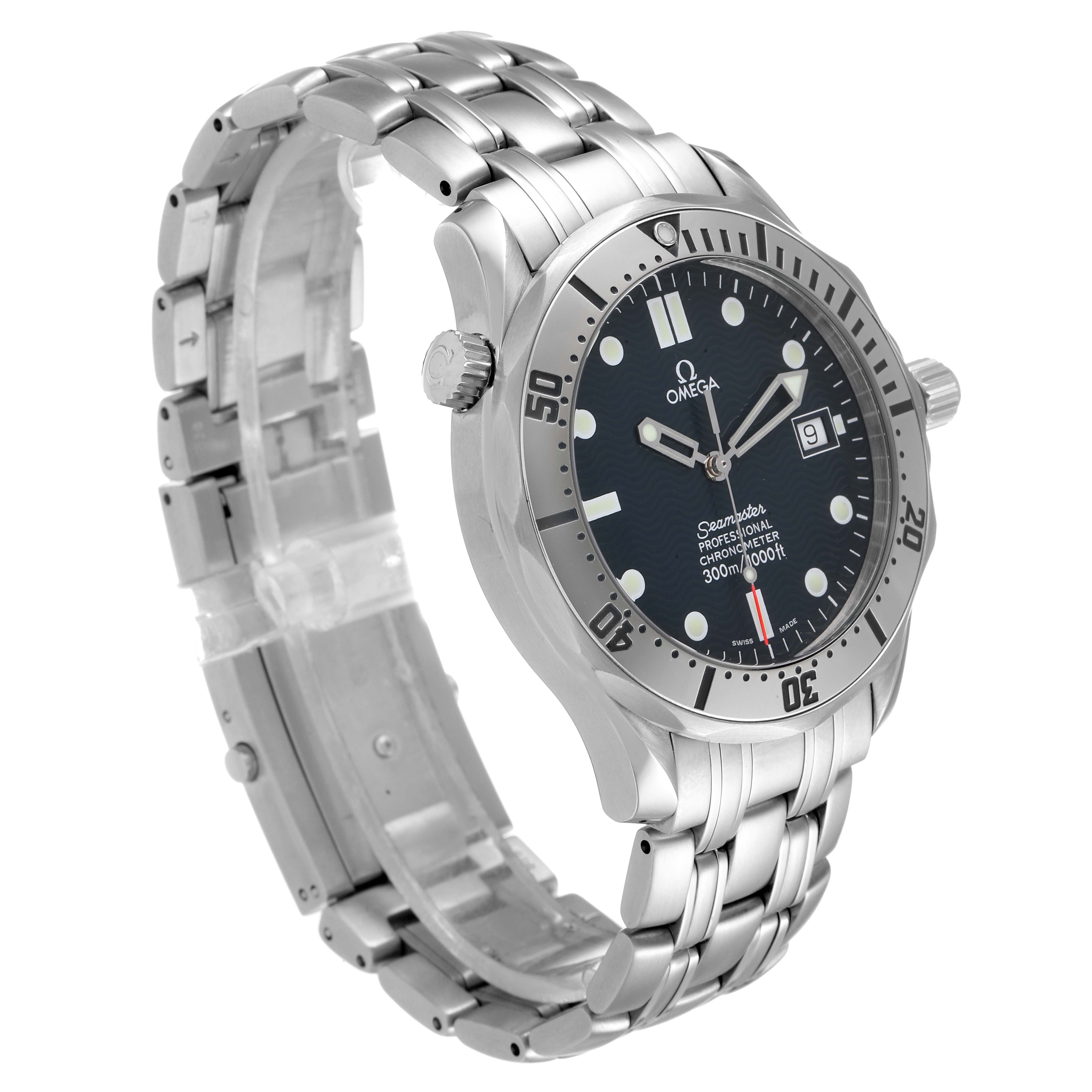 The image shows a side angle of the Omega Seamaster 2532.80.00 Men
s Stainless Steel Blue Dial 2532.80.00 Men
s Stainless Steel Blue Dial watch, displaying its face, bezel, crown, and stainless steel bracelet.