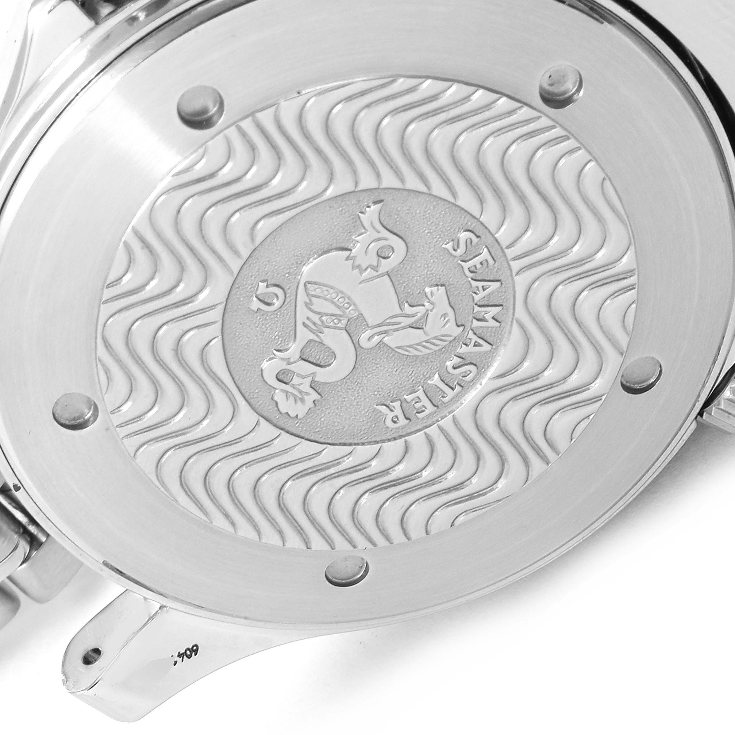 The image shows the case back of an Omega Seamaster 2532.80.00 Men
s Stainless Steel Blue Dial 2532.80.00 Men
s Stainless Steel Blue Dial watch, featuring the engraved Seamaster logo.