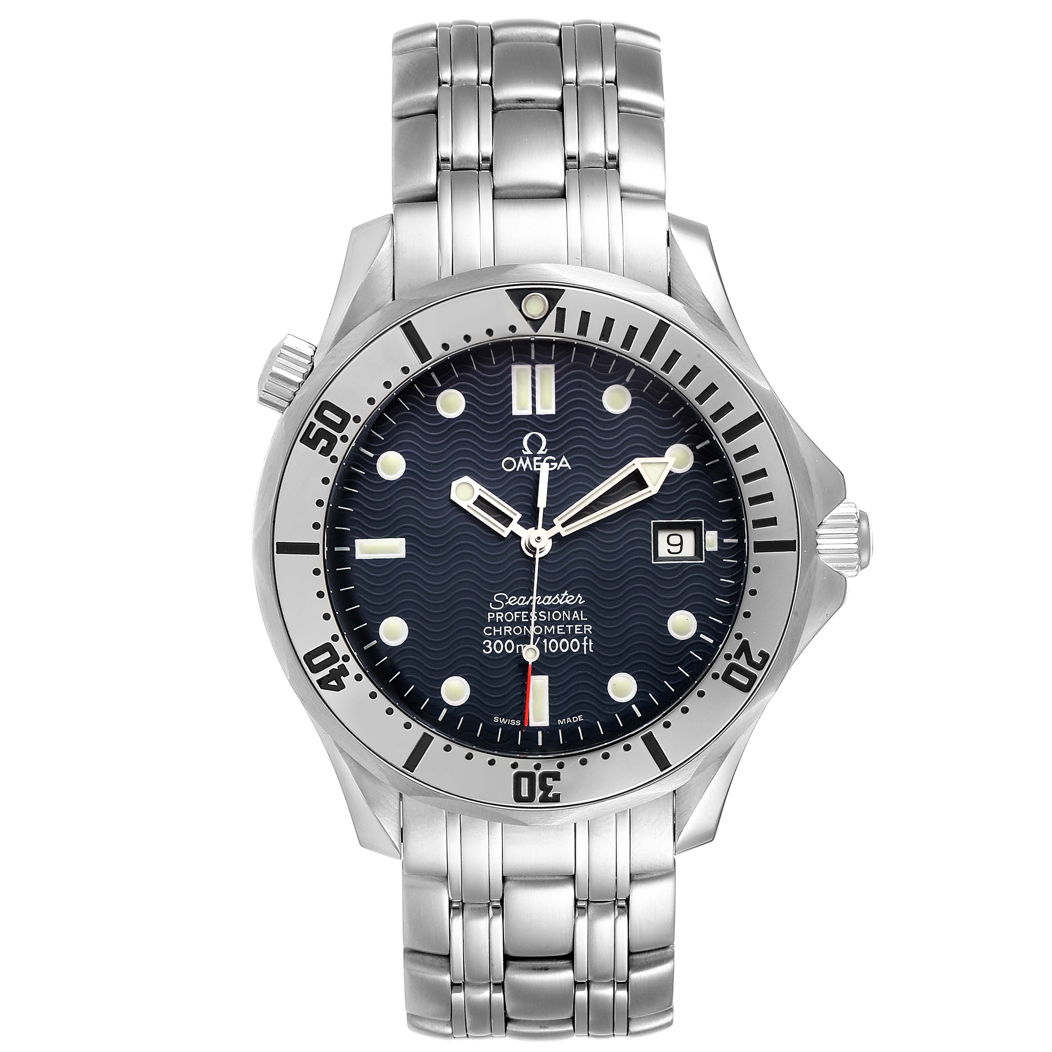 The Omega Seamaster 2532.80.00 Men
s Stainless Steel Blue Dial 2532.80.00 Men
s Stainless Steel Blue Dial watch is shown from a front angle, displaying its dial, bezel, and bracelet.