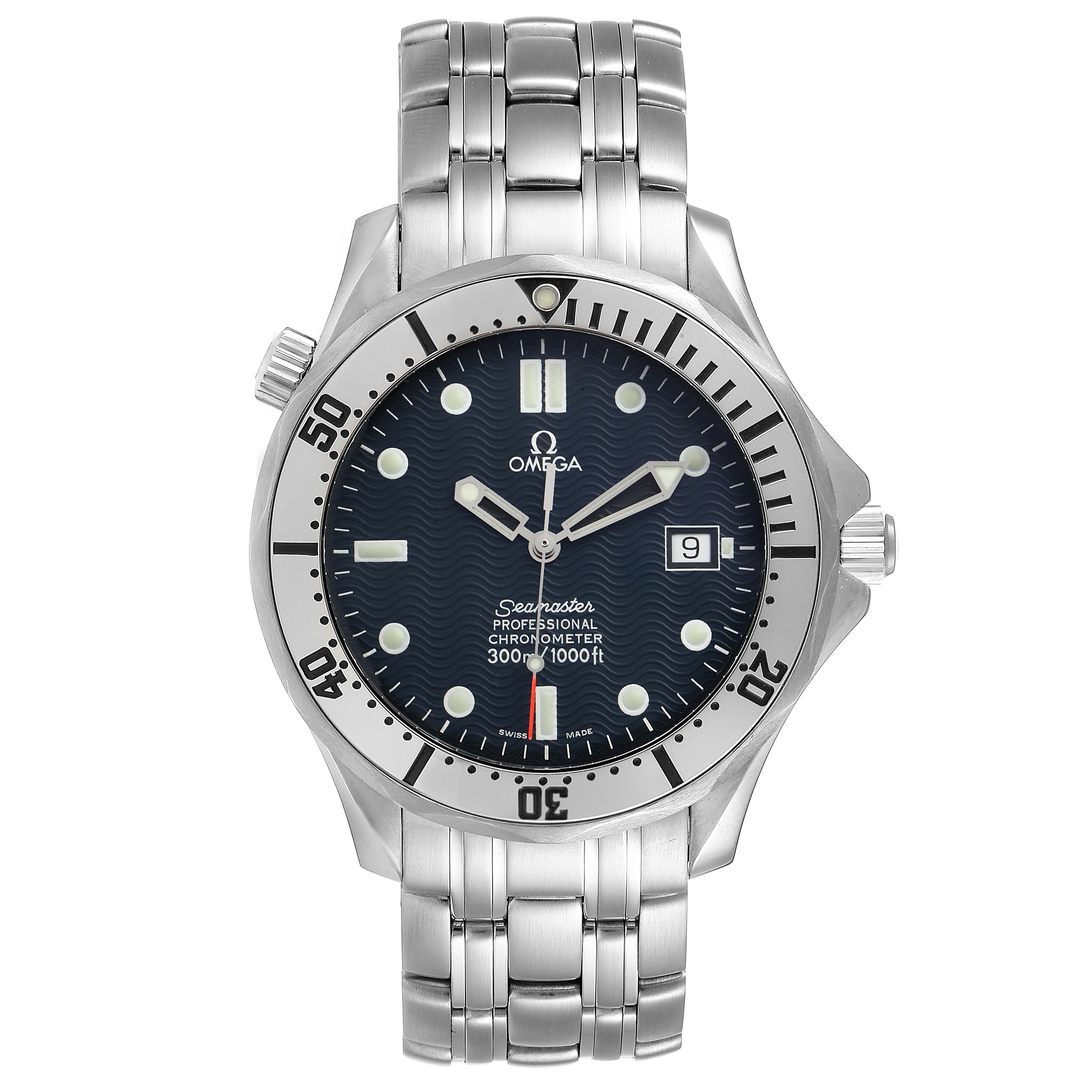 This image shows a front view of an Omega Seamaster 2532.80.00 Men
s Stainless Steel Blue Dial 2532.80.00 Men
s Stainless Steel Blue Dial watch, highlighting its stainless steel bracelet, bezel, and dial.