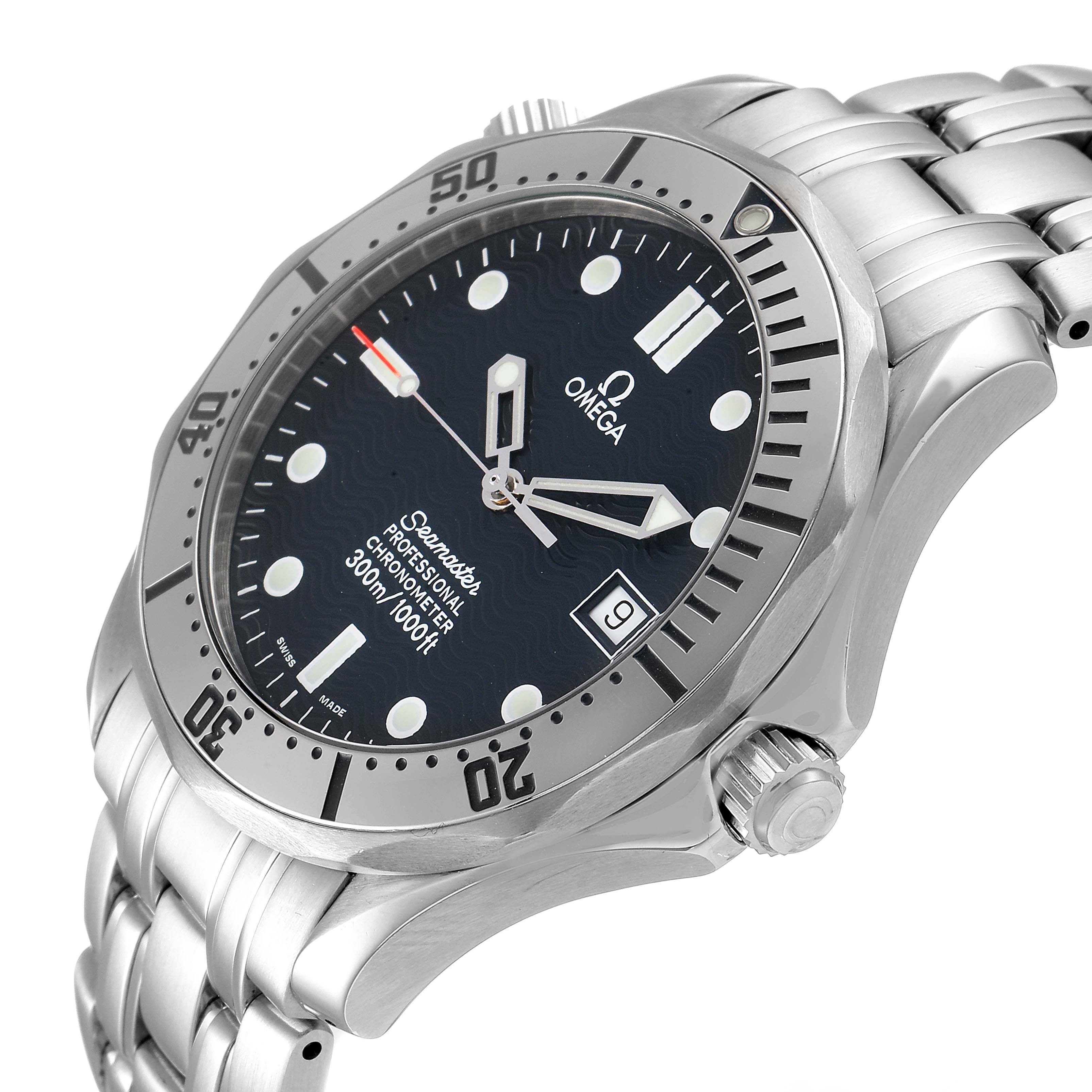 The image shows a close-up, angled view of an Omega Seamaster 2532.80.00 Men
s Stainless Steel Blue Dial 2532.80.00 Men
s Stainless Steel Blue Dial watch, highlighting the face, bezel, and metal bracelet.