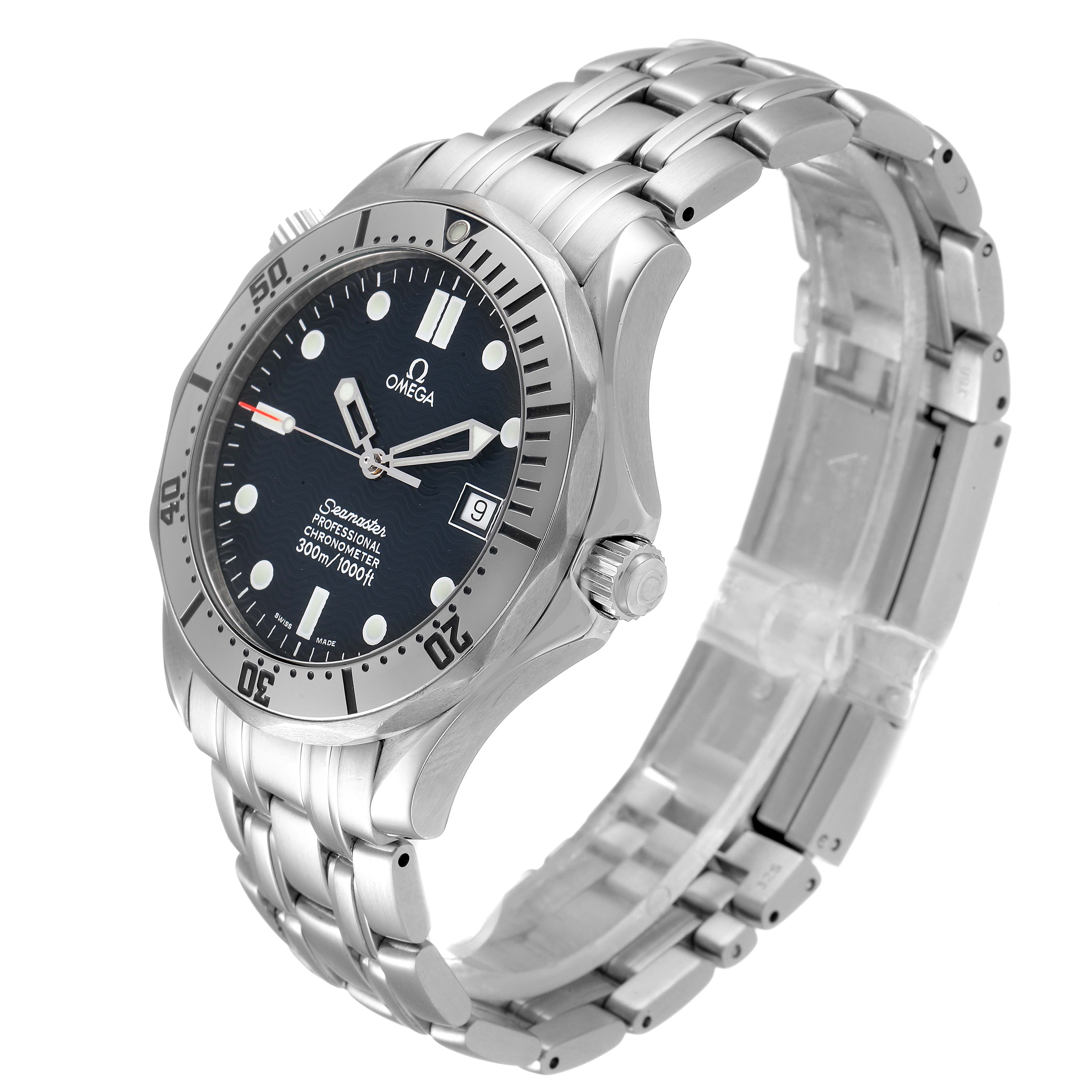 The image shows an Omega Seamaster 2532.80.00 Men
s Stainless Steel Blue Dial 2532.80.00 Men
s Stainless Steel Blue Dial watch angled to display its dial, bezel, crown, and bracelet.