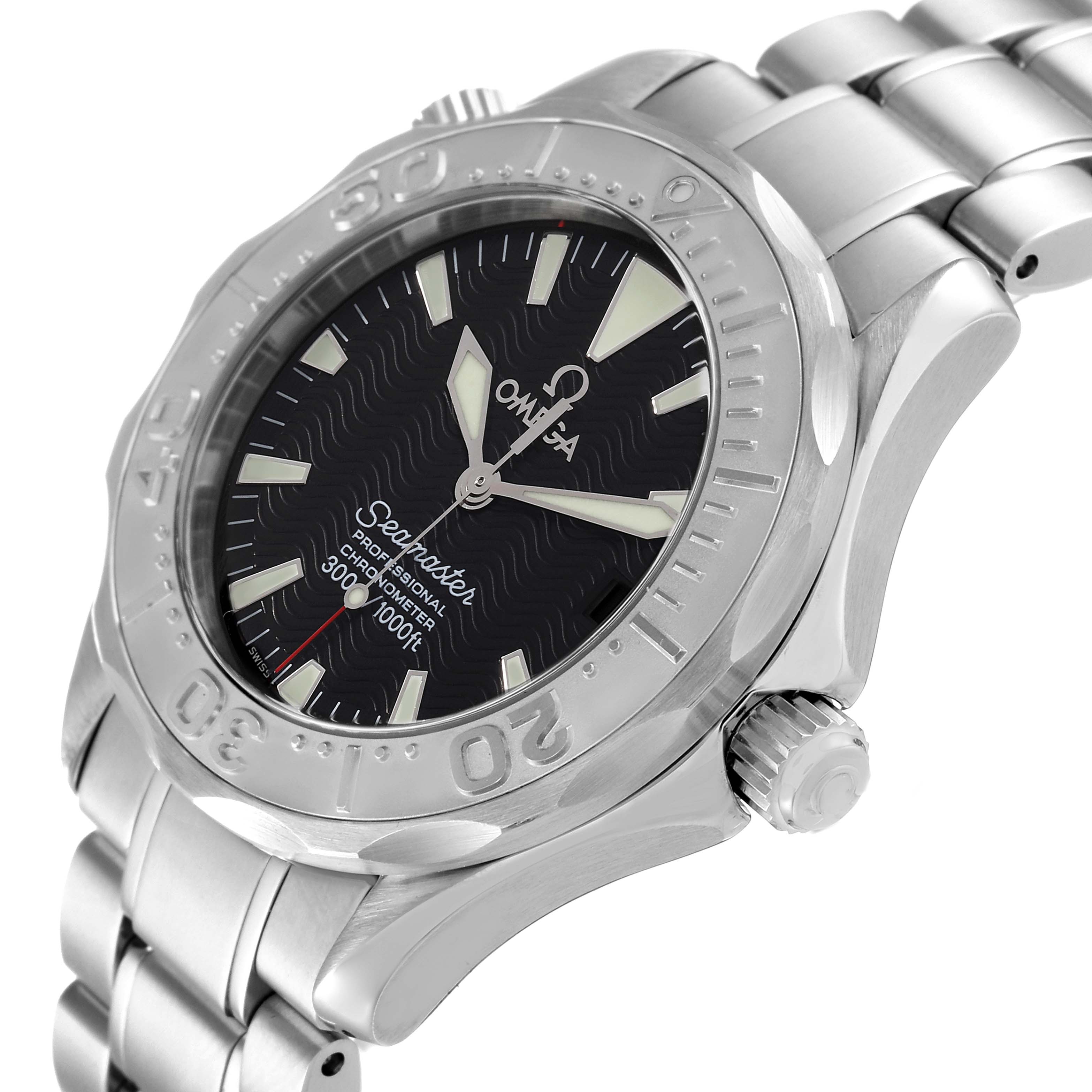 The image shows an angled view of an Omega Seamaster 2236.50.00 Men's Stainless Steel Black Dial 2236.50.00 Men's Stainless Steel Black Dial watch, highlighting the face, bezel, crown, and part of the bracelet.