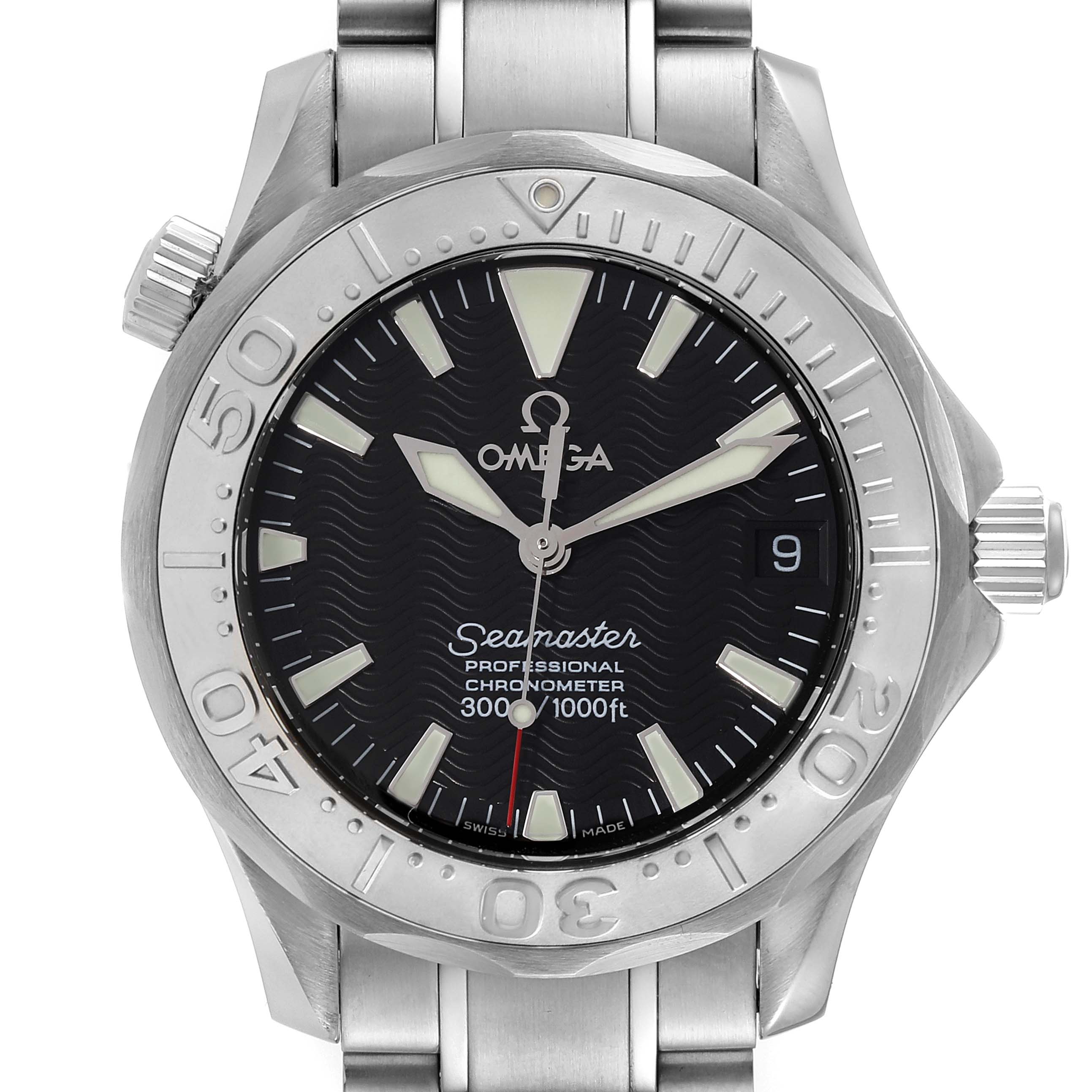 This Omega Seamaster 2236.50.00 Men's Stainless Steel Black Dial 2236.50.00 Men's Stainless Steel Black Dial watch is shown from a front angle, displaying the dial, bezel, and part of the bracelet.