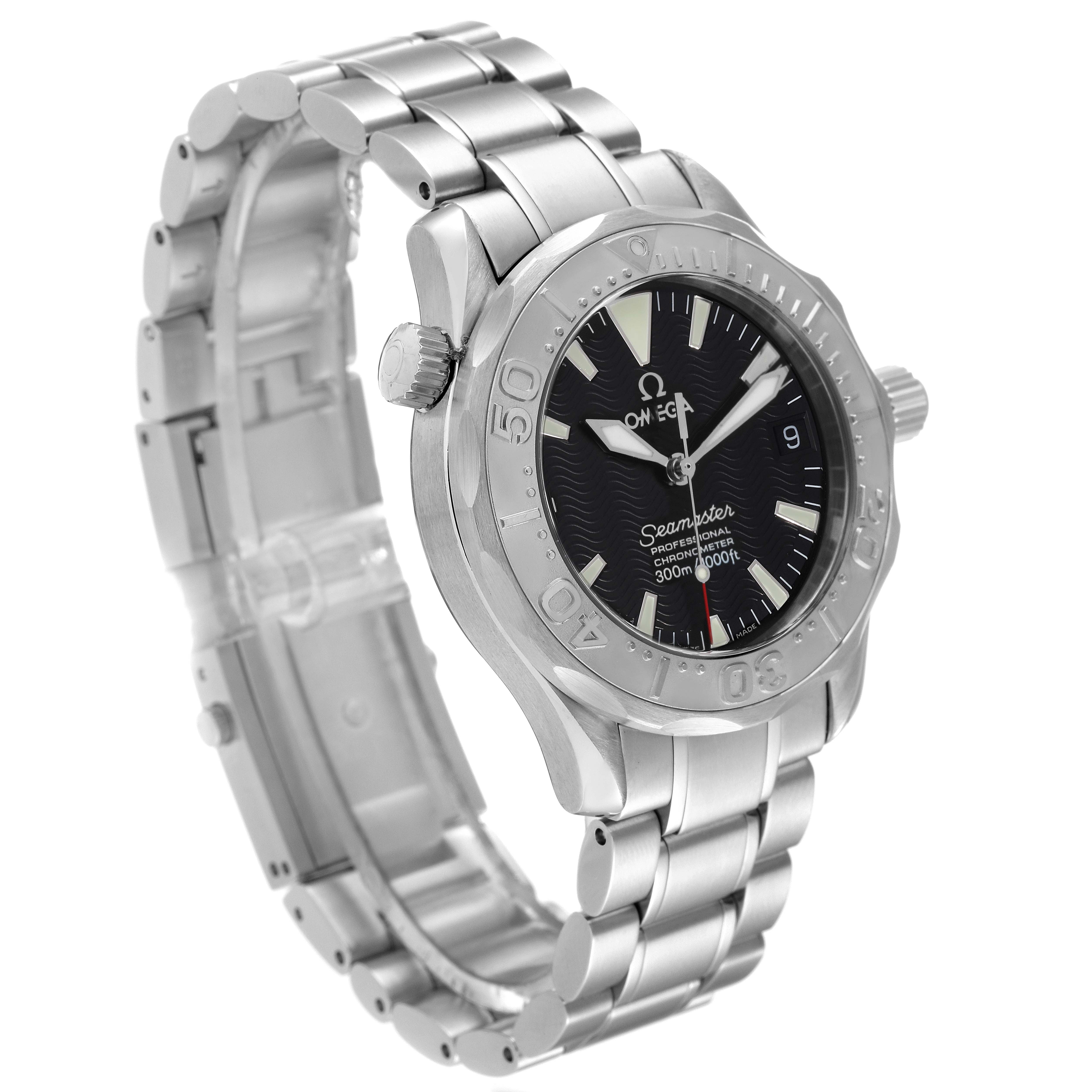 The image shows the Omega Seamaster 2236.50.00 Men's Stainless Steel Black Dial 2236.50.00 Men's Stainless Steel Black Dial watch, featuring its stainless steel bracelet, bezel, and dial at an angle.