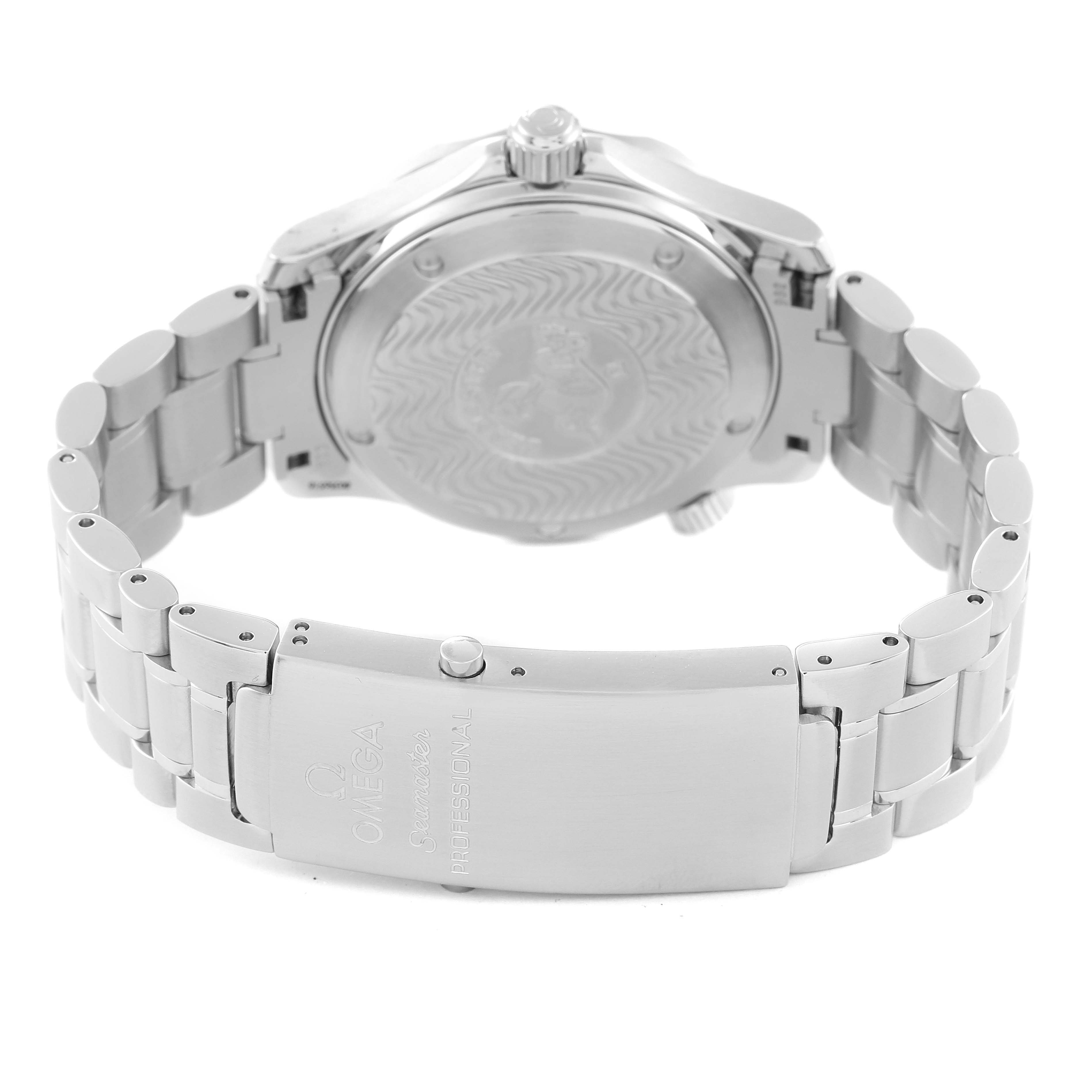 This image shows the back, clasp, and bracelet of an Omega Seamaster 2236.50.00 Men's Stainless Steel Black Dial 2236.50.00 Men's Stainless Steel Black Dial watch.