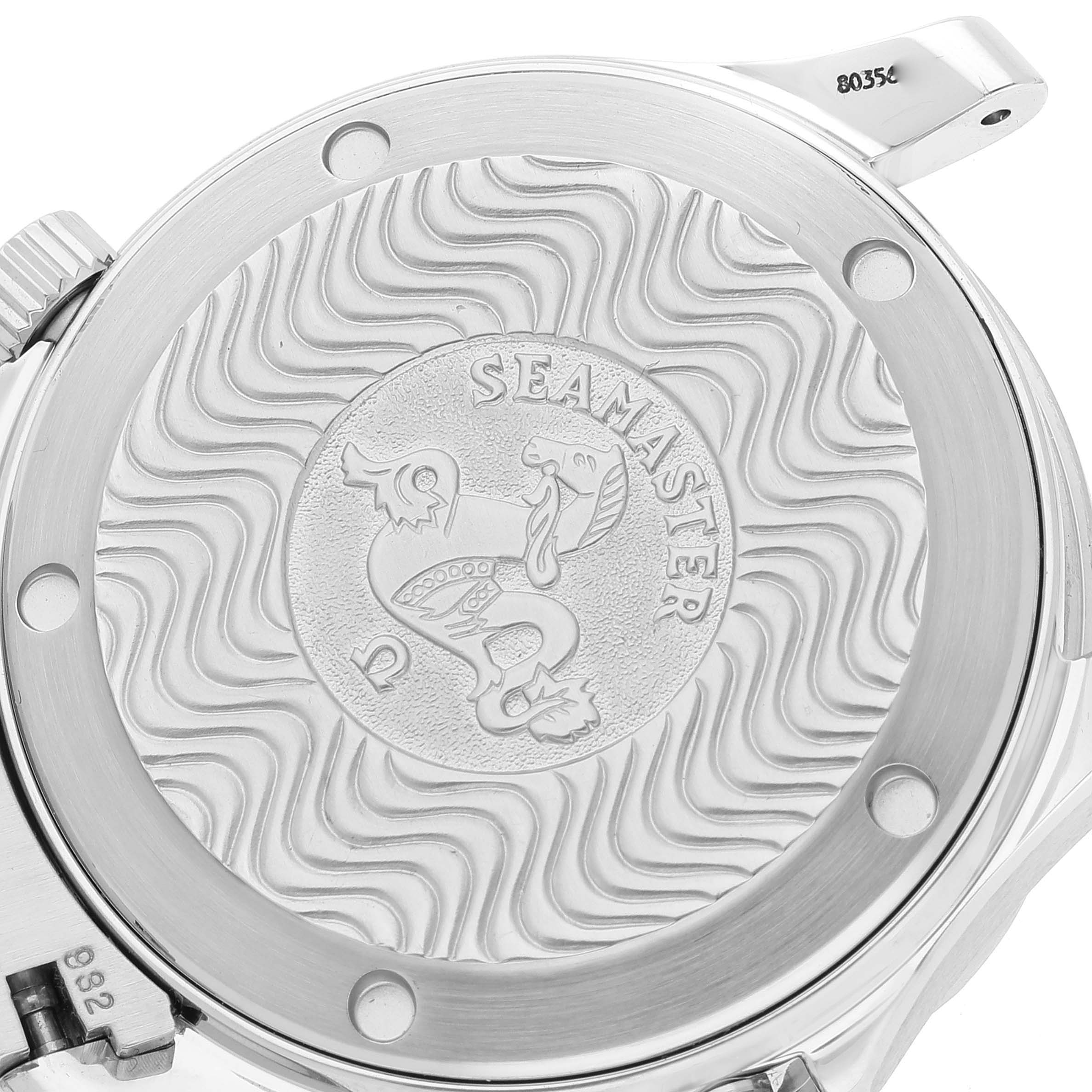 The image shows the engraved caseback of an Omega Seamaster 2236.50.00 Men's Stainless Steel Black Dial 2236.50.00 Men's Stainless Steel Black Dial watch, viewed from the back.