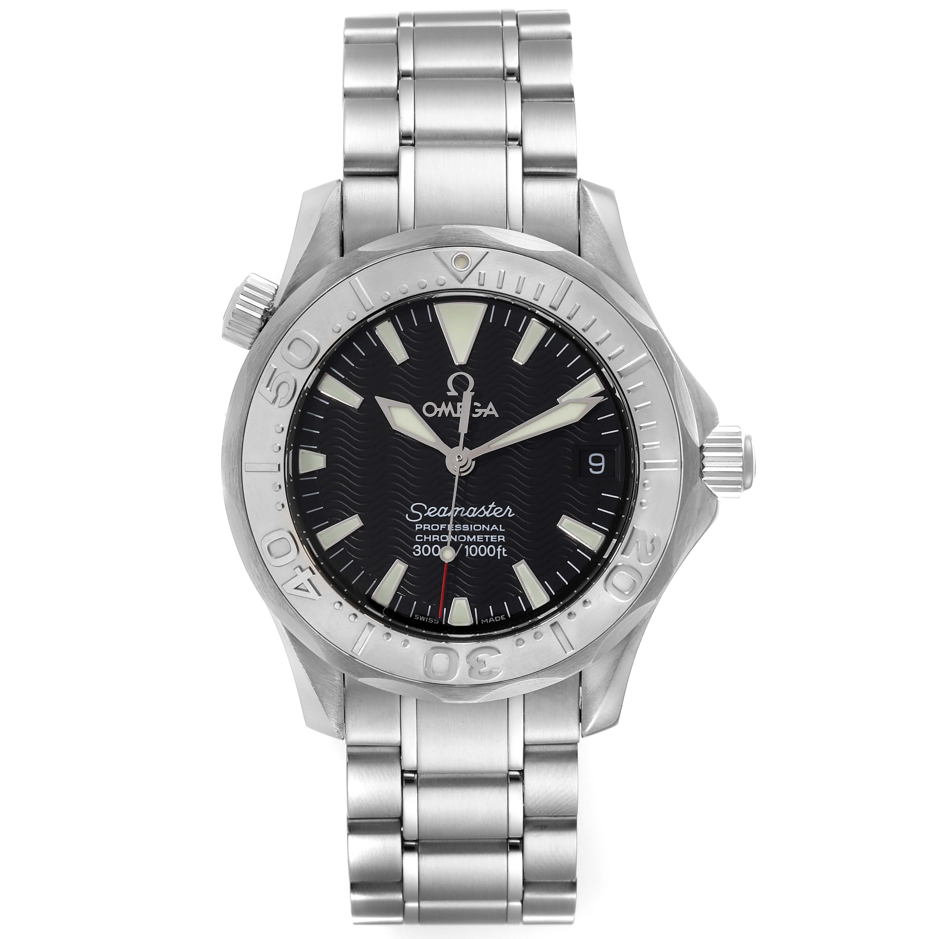 The image shows a front view of an Omega Seamaster 2236.50.00 Men's Stainless Steel Black Dial 2236.50.00 Men's Stainless Steel Black Dial watch, highlighting the dial, bezel, bracelet, and crown.