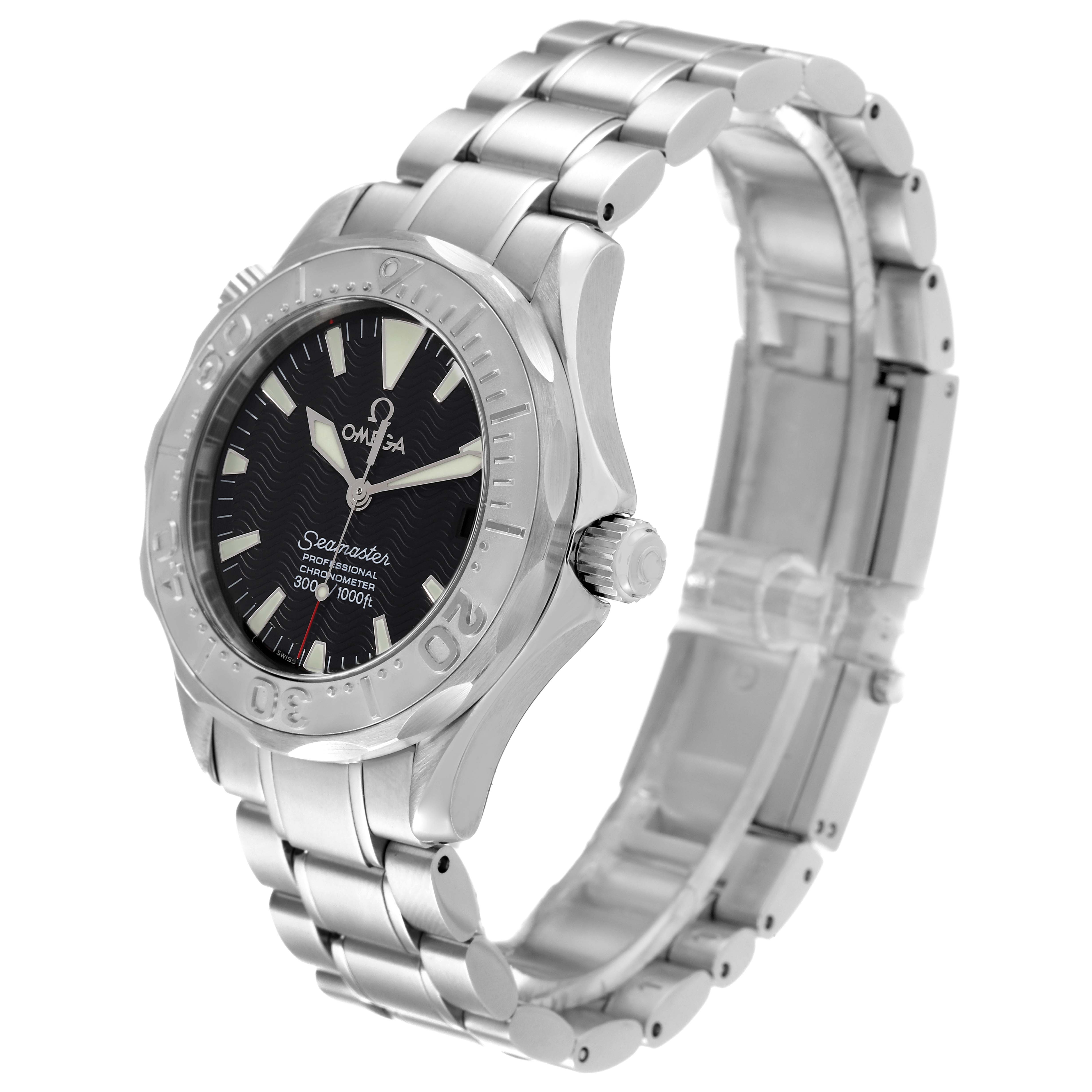This image shows an Omega Seamaster 2236.50.00 Men's Stainless Steel Black Dial 2236.50.00 Men's Stainless Steel Black Dial watch at a three-quarter angle, displaying the face, bezel, crown, and bracelet.