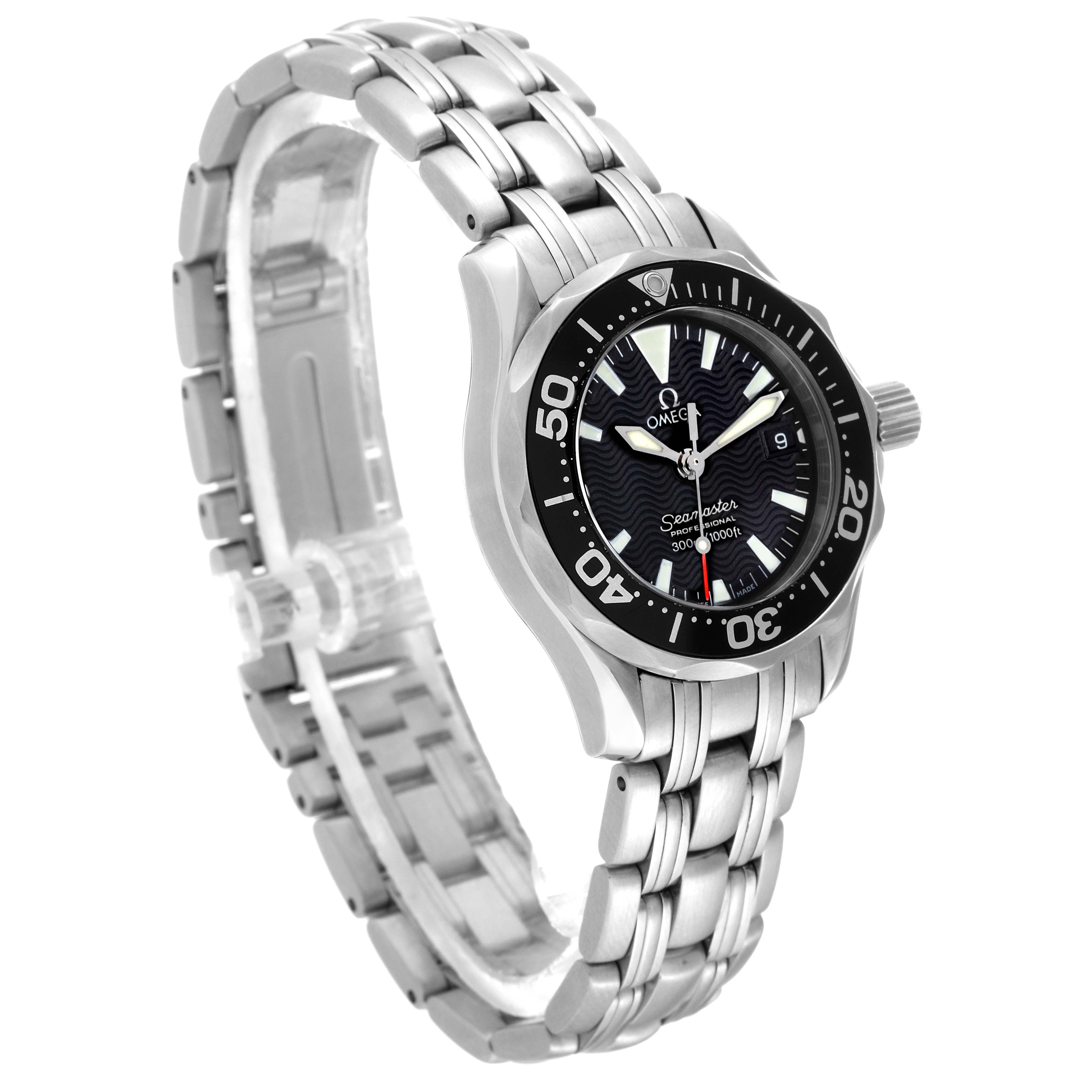 The Omega 2282.50.00 Women
s Stainless Steel Black Dial 2282.50.00 Women
s Stainless Steel Black Dial Seamaster Diver 300M model 2282.50.00 is shown at an angled close-up, displaying the watch face, bezel, and band.