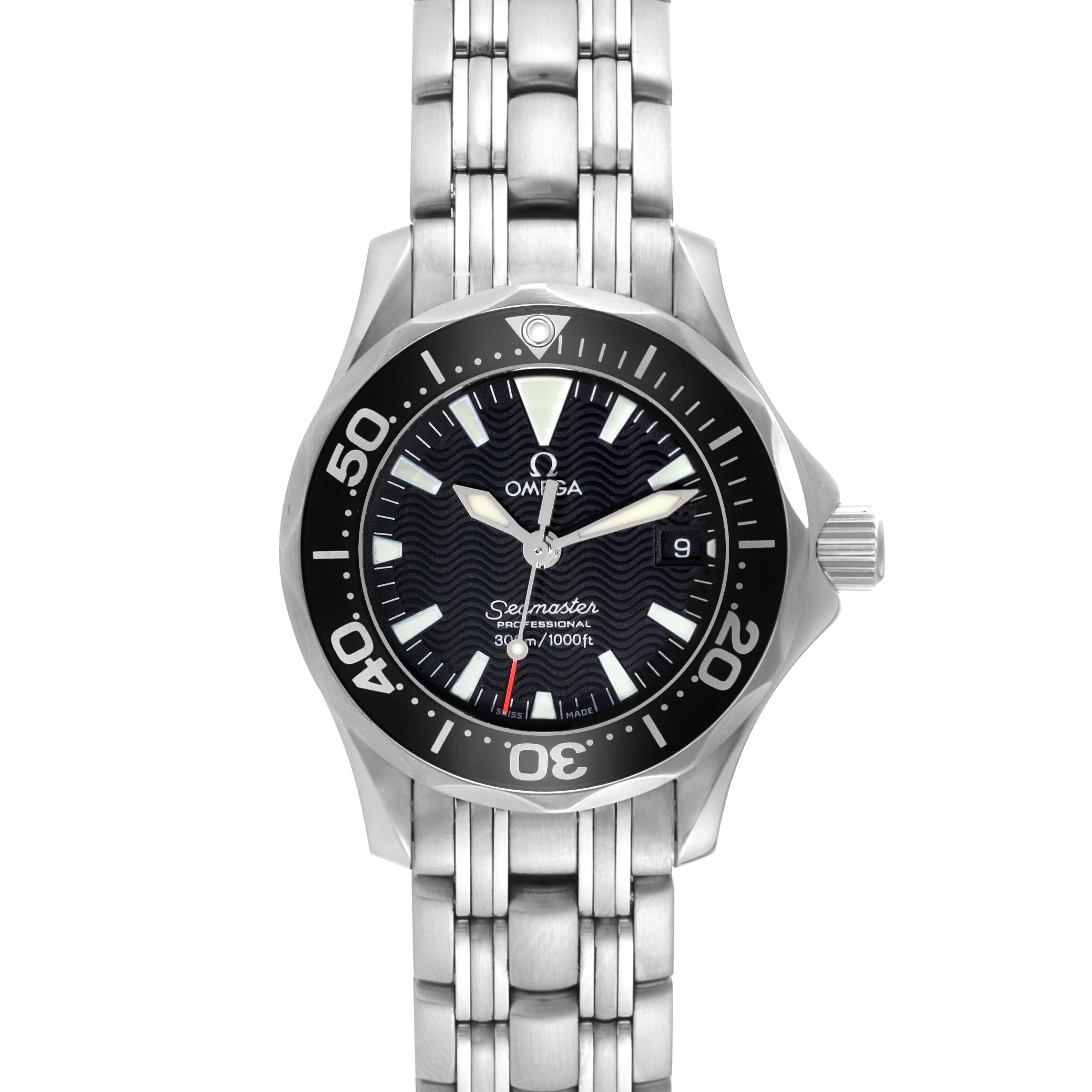 The Omega 2282.50.00 Women
s Stainless Steel Black Dial 2282.50.00 Women
s Stainless Steel Black Dial Seamaster Diver 300M Quartz 28mm Steel Ladies Watch, model 2282.50.00, is shown from a front angle displaying the entire face and bracelet.