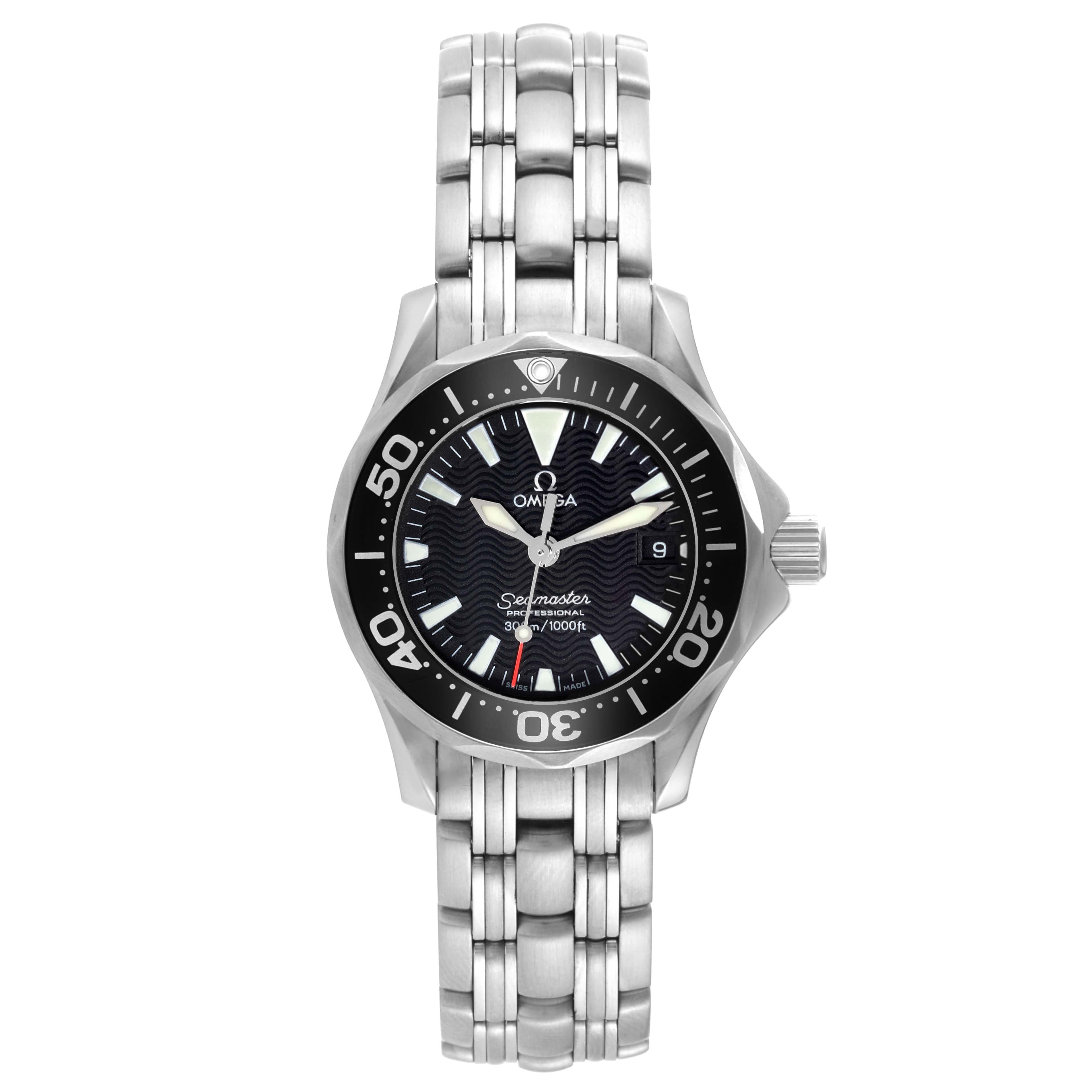 This image shows a front view of the Omega 2282.50.00 Women
s Stainless Steel Black Dial 2282.50.00 Women
s Stainless Steel Black Dial Seamaster Diver 300M Quartz 28mm Steel Ladies Watch 2282.50.00.