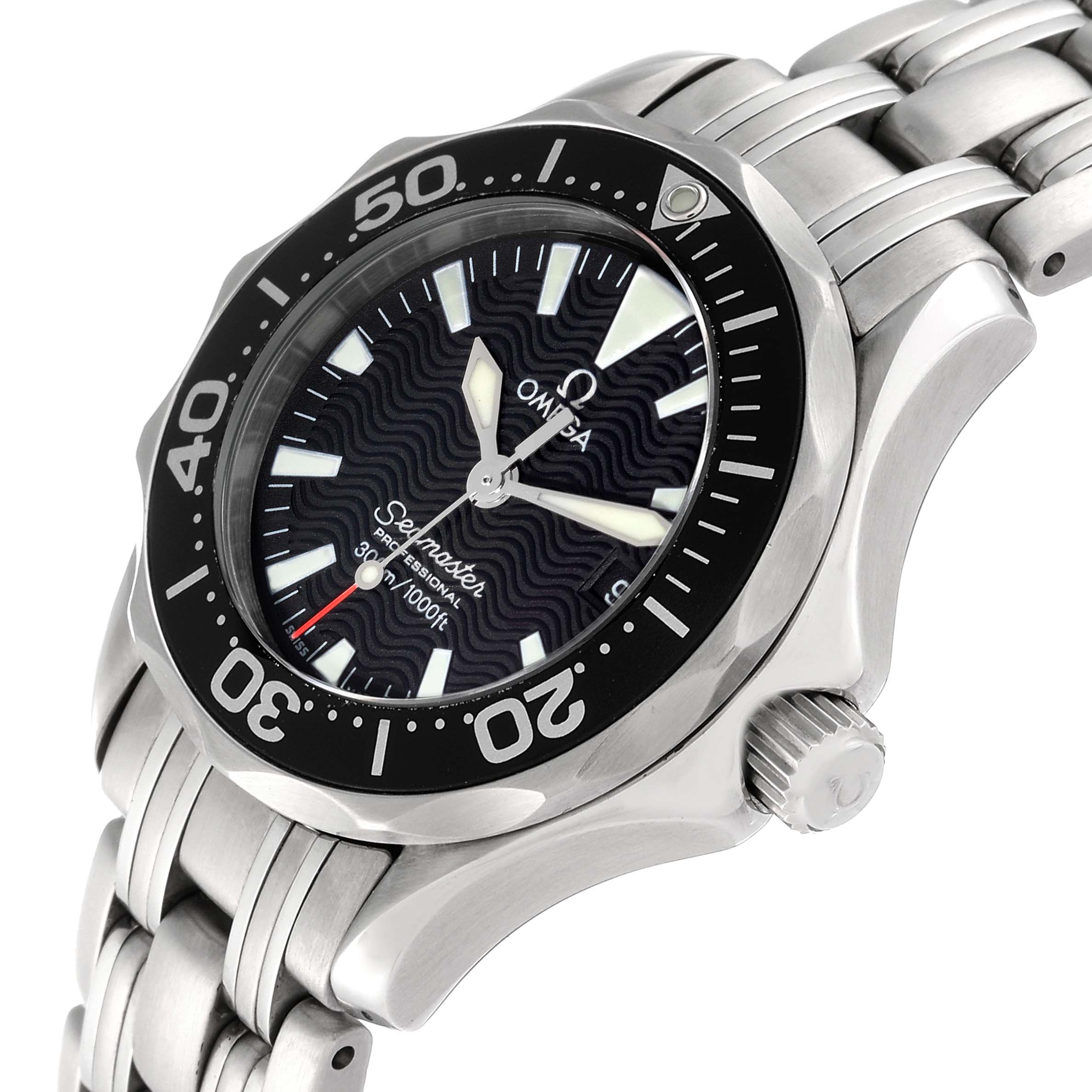 This Omega 2282.50.00 Women
s Stainless Steel Black Dial 2282.50.00 Women
s Stainless Steel Black Dial Seamaster Diver 300M Quartz 28mm Steel Ladies Watch 2282.50.00 is shown at an angled close-up, highlighting the dial, bezel, and bracelet.