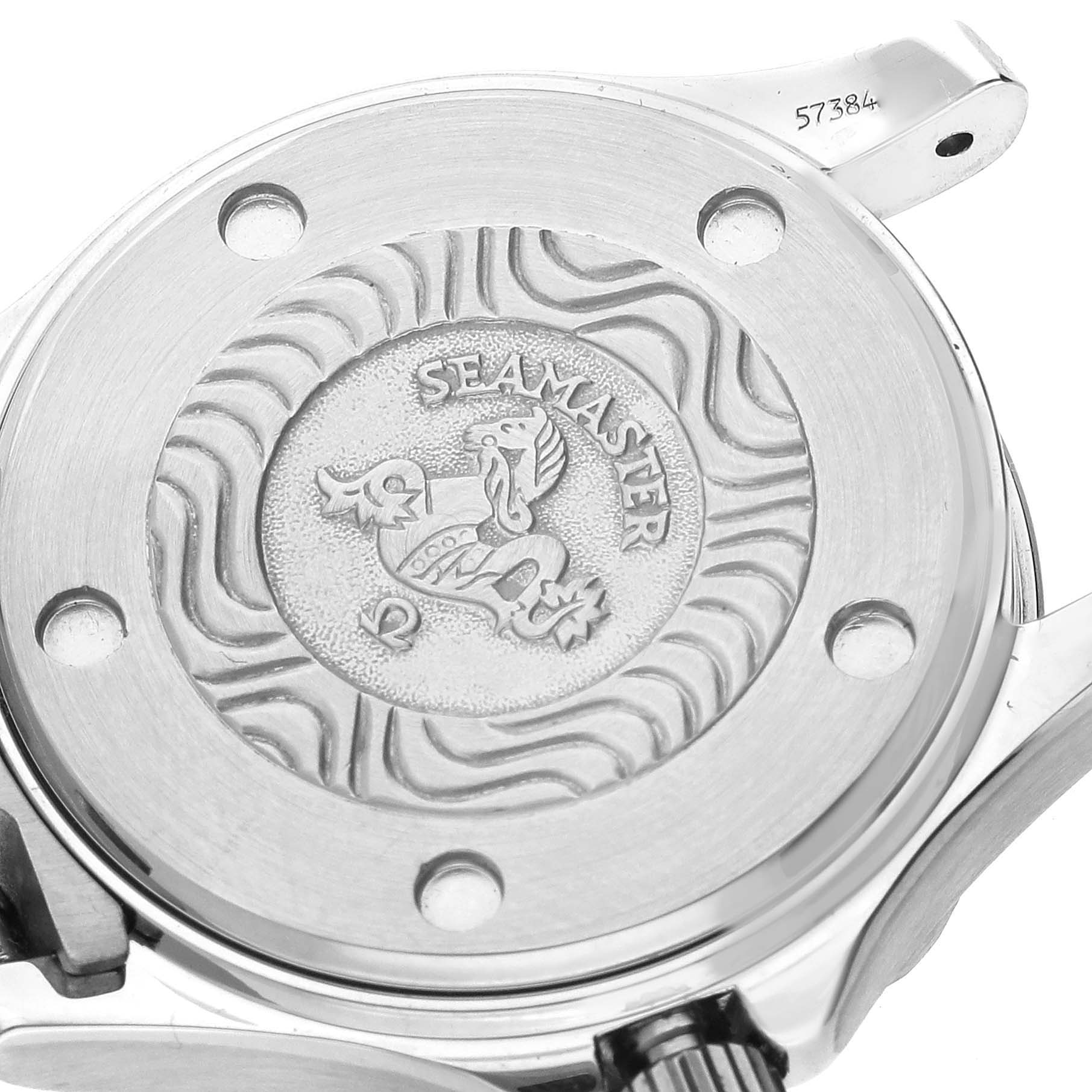 This image shows the case back of the Omega 2282.50.00 Women
s Stainless Steel Black Dial 2282.50.00 Women
s Stainless Steel Black Dial Seamaster Diver 300M Quartz 28mm Steel Ladies Watch, model 2282.50.00.