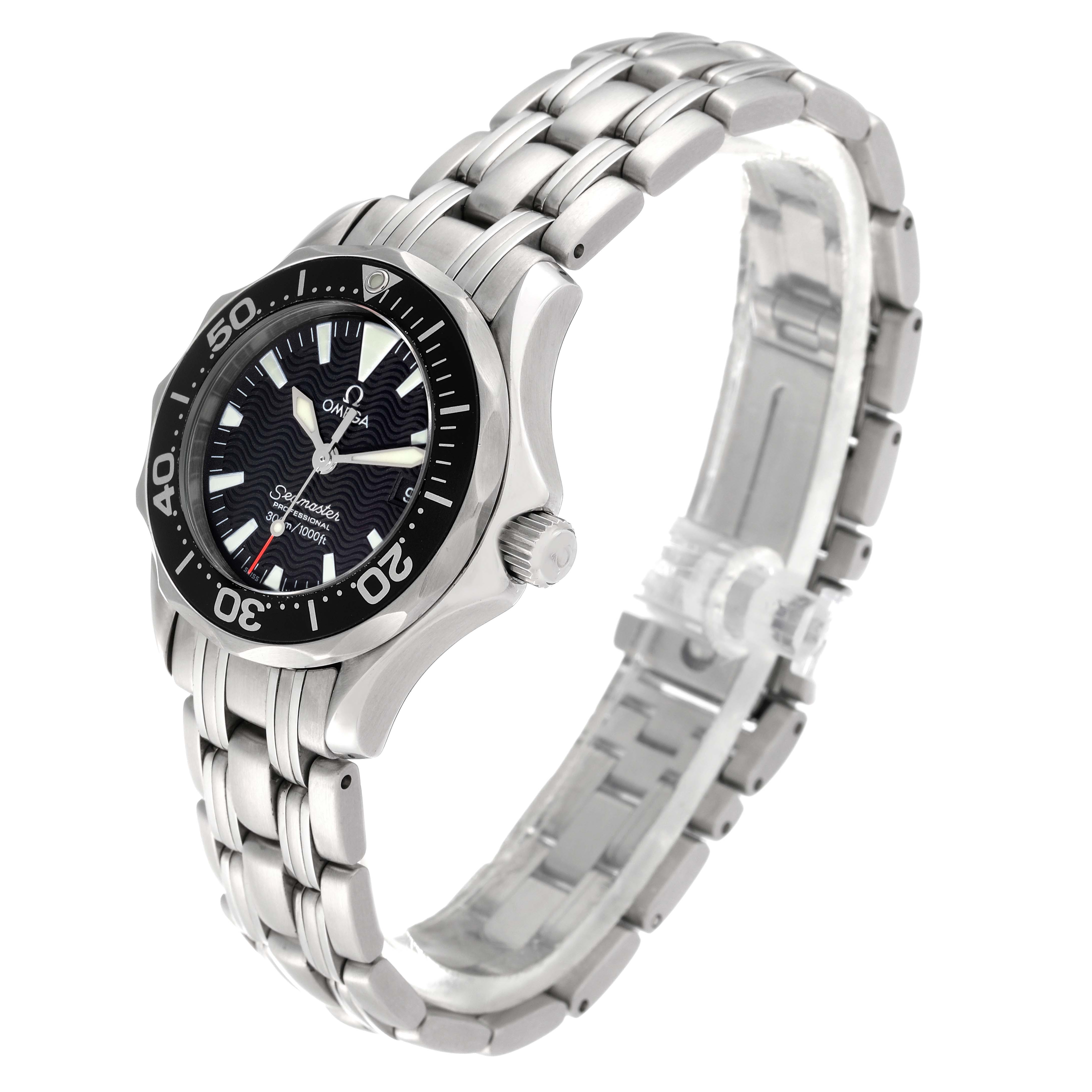 The image shows an angled view of the Omega 2282.50.00 Women
s Stainless Steel Black Dial 2282.50.00 Women
s Stainless Steel Black Dial Seamaster Diver 300M Quartz 28mm Steel Ladies Watch 2282.50.00, showcasing its face and bracelet.