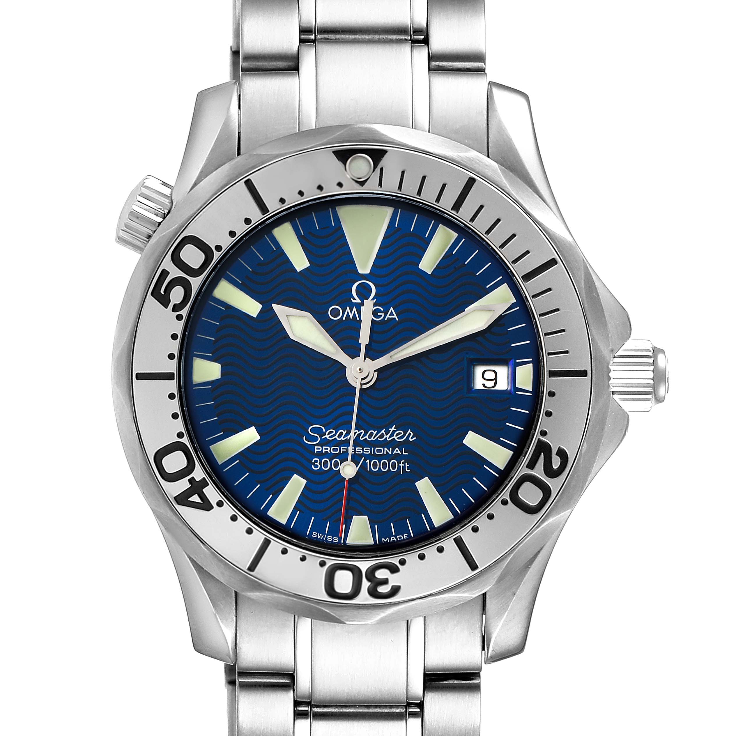 The image shows a front view of the Omega Seamaster 2263.80.00 Men
s Stainless Steel Blue Dial 2263.80.00 Men
s Stainless Steel Blue Dial watch, displaying its dial, bezel, crown, and metal bracelet.