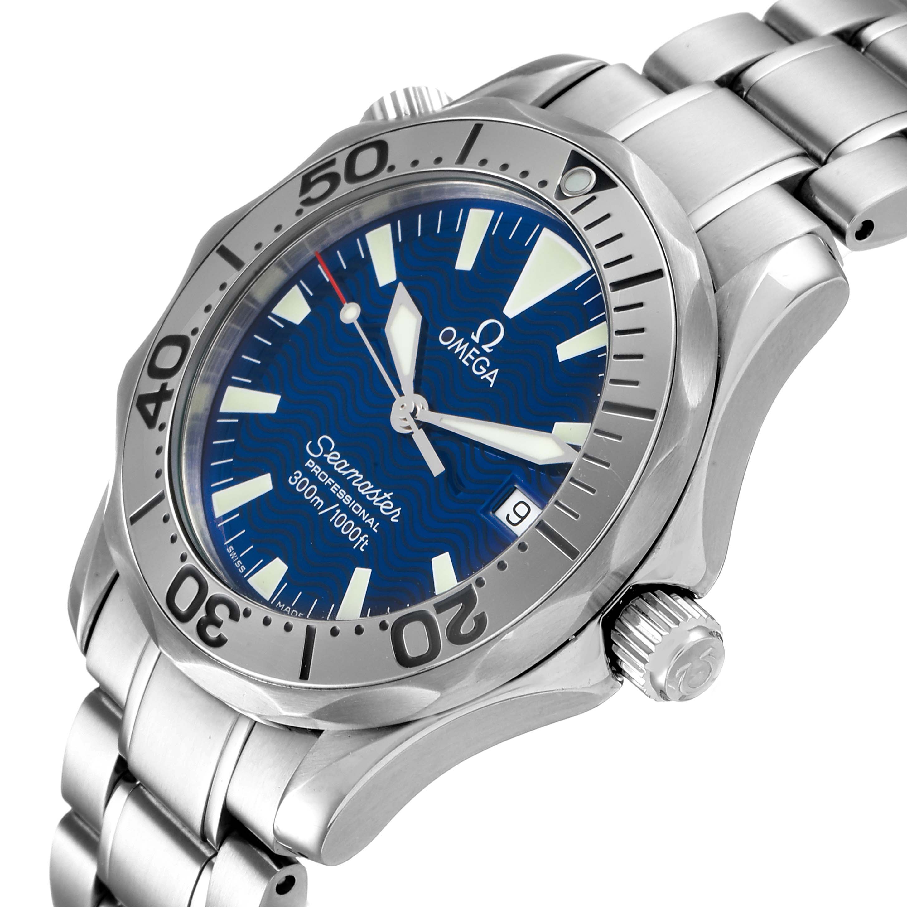 The Omega Seamaster 2263.80.00 Men
s Stainless Steel Blue Dial 2263.80.00 Men
s Stainless Steel Blue Dial watch is shown at an oblique angle, highlighting the bezel, dial, crown, and part of the bracelet.