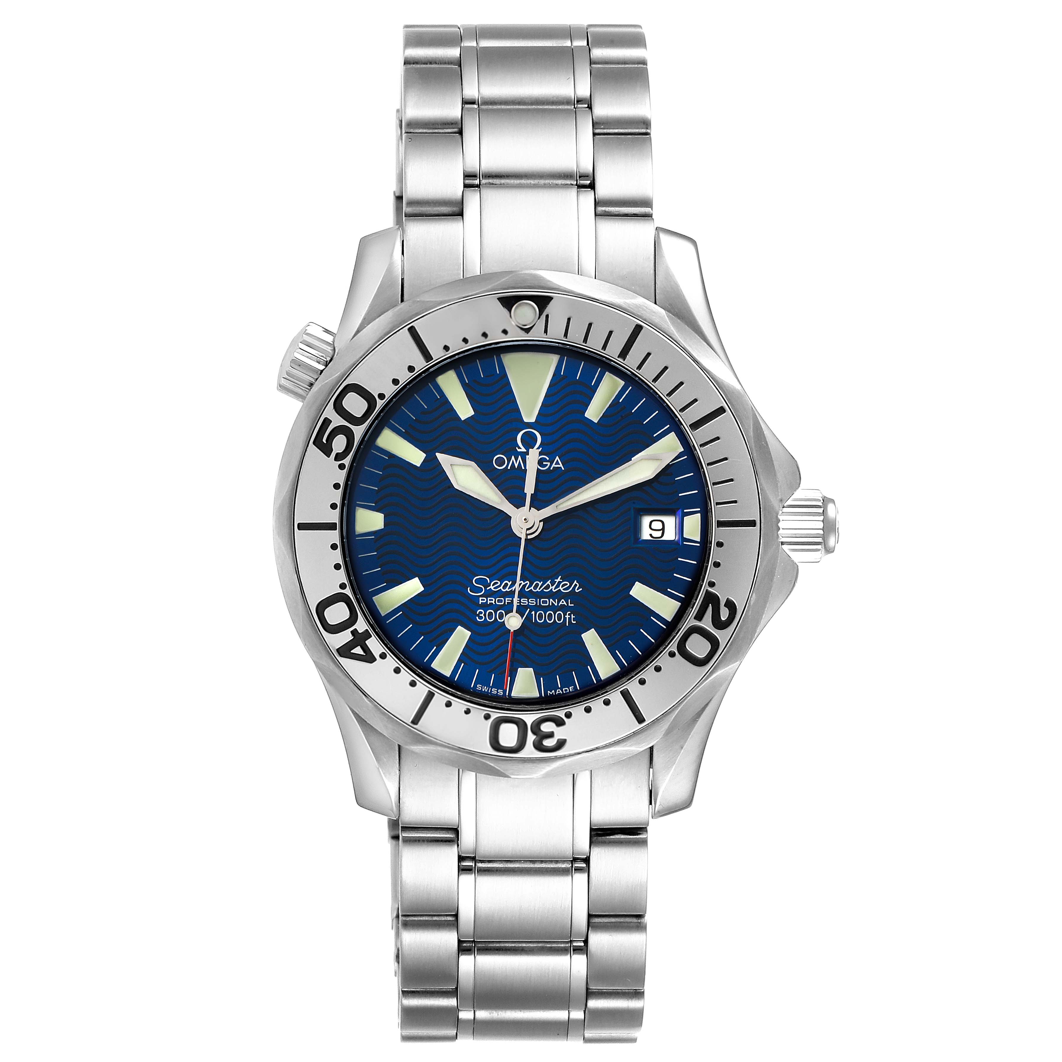 The image shows a front view of the Omega Seamaster 2263.80.00 Men
s Stainless Steel Blue Dial 2263.80.00 Men
s Stainless Steel Blue Dial watch, detailing the dial, bezel, crown, and bracelet.