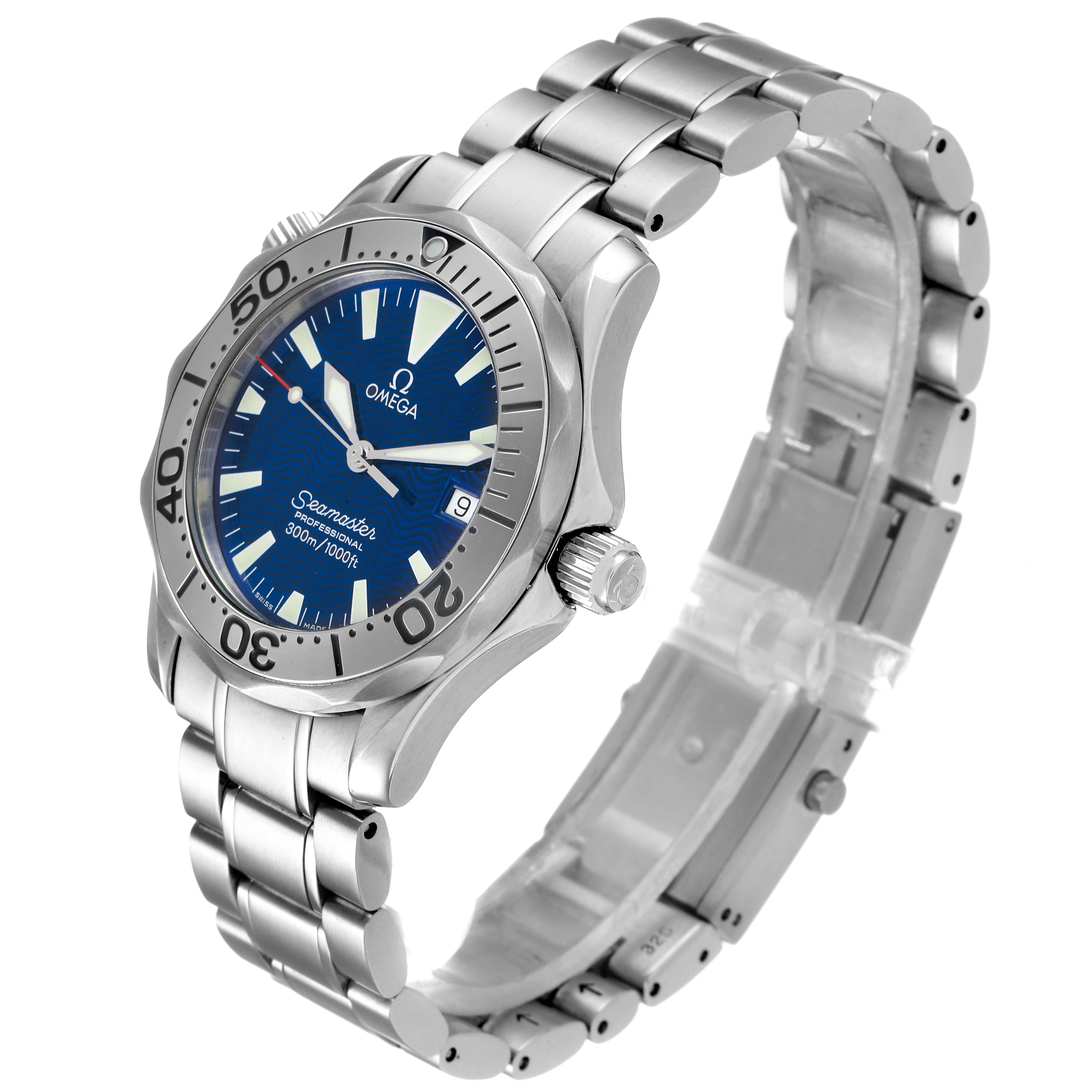 The image shows the Omega Seamaster 2263.80.00 Men
s Stainless Steel Blue Dial 2263.80.00 Men
s Stainless Steel Blue Dial watch at an oblique angle, highlighting the dial, bezel, crown, and metal bracelet.