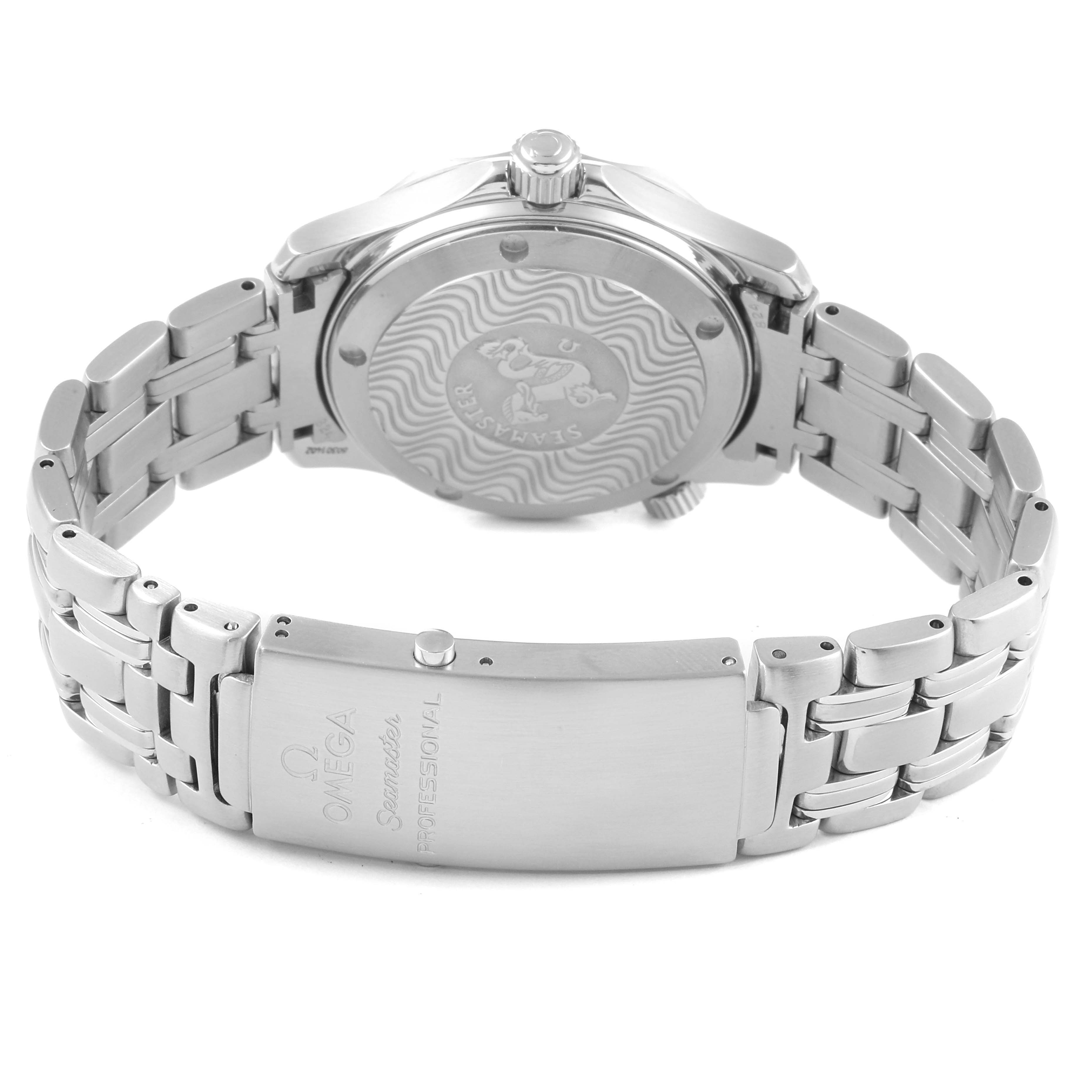 The image shows the back case and bracelet clasp of the Omega Seamaster 2552.80.00 Men
s Stainless Steel Blue Dial 2552.80.00 Men
s Stainless Steel Blue Dial watch from a rear angle.