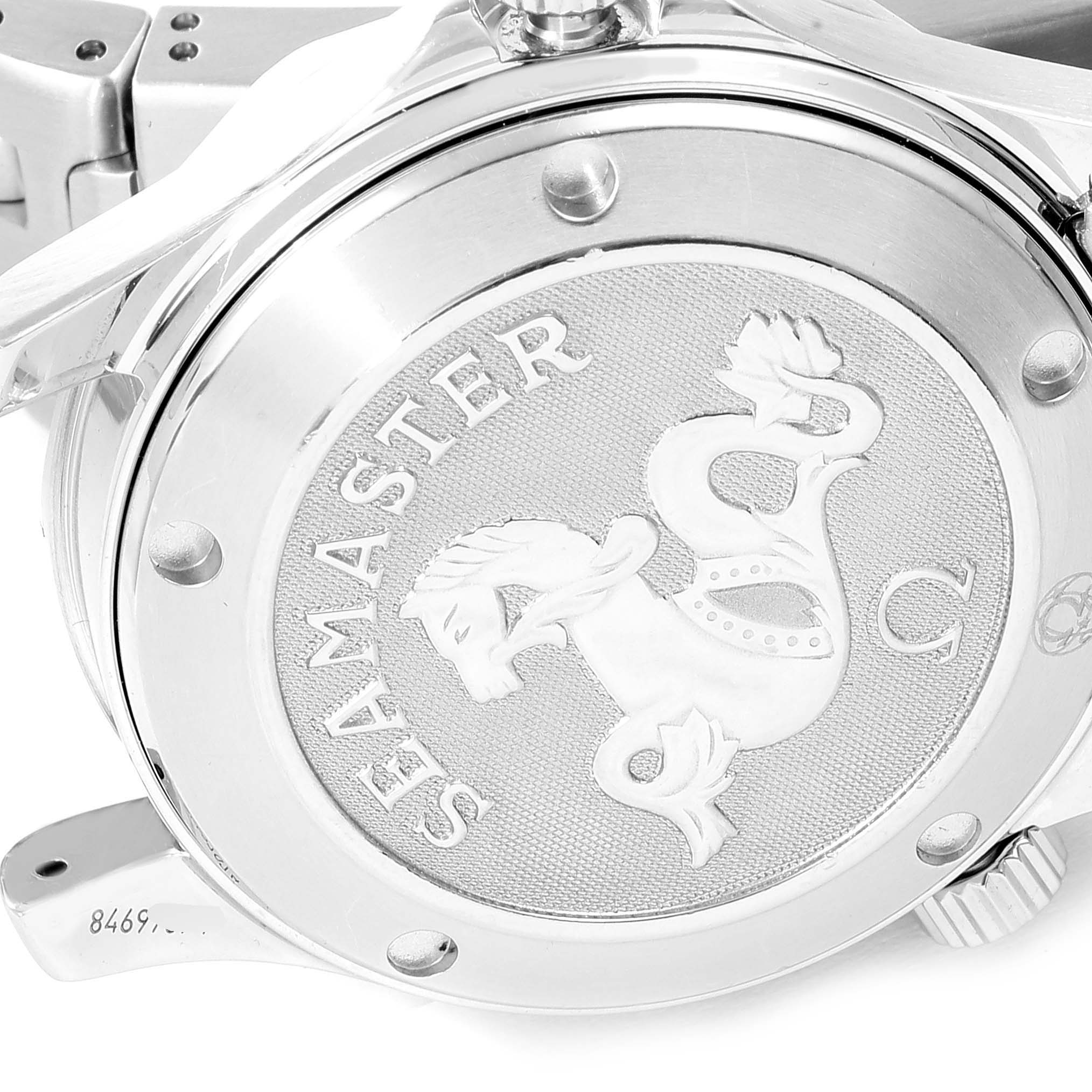 This image shows the back side of an Omega Seamaster 2222.80.00 Men
s Stainless Steel Blue Dial 2222.80.00 Men
s Stainless Steel Blue Dial watch, highlighting the engraved case back and part of the metal bracelet.